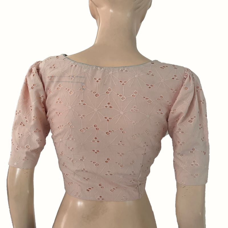 Hakoba Cotton Sweetheart Neck Blouse with Puff Sleeves & Lining, Pastel Peach , BW1169