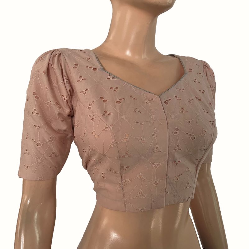 Hakoba Cotton Sweetheart Neck Blouse with Puff Sleeves & Lining, Pastel Peach , BW1169