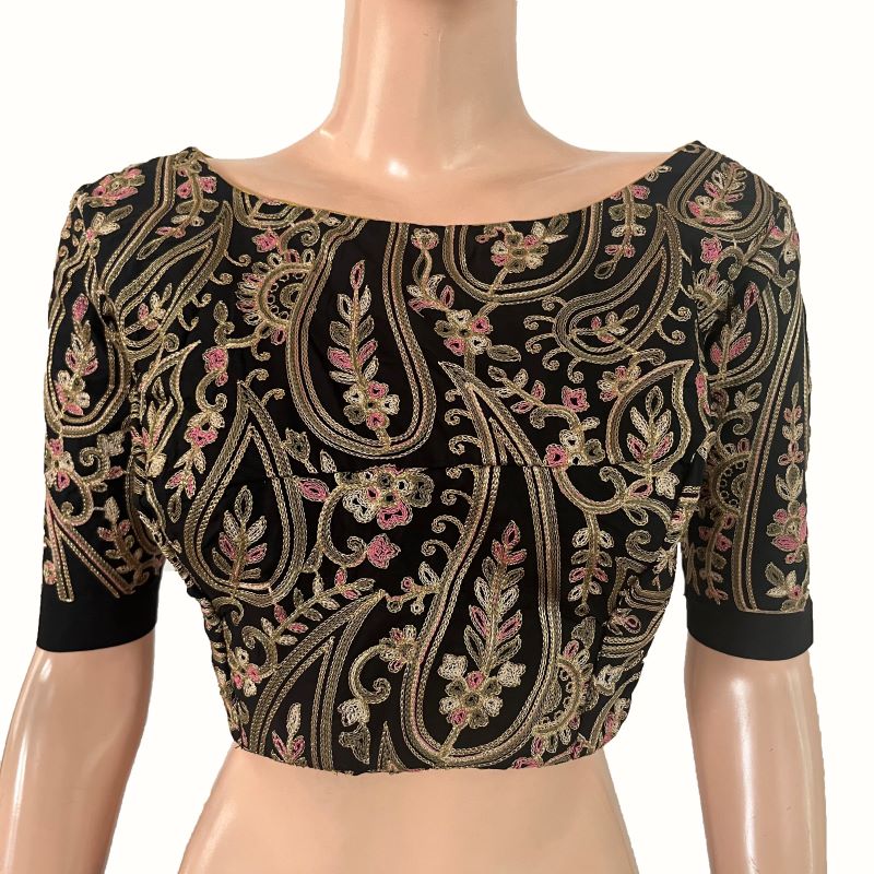 Heavy Embroidered Cotton Boat Neck Blouse with V neck in the Back, Black, BW1170