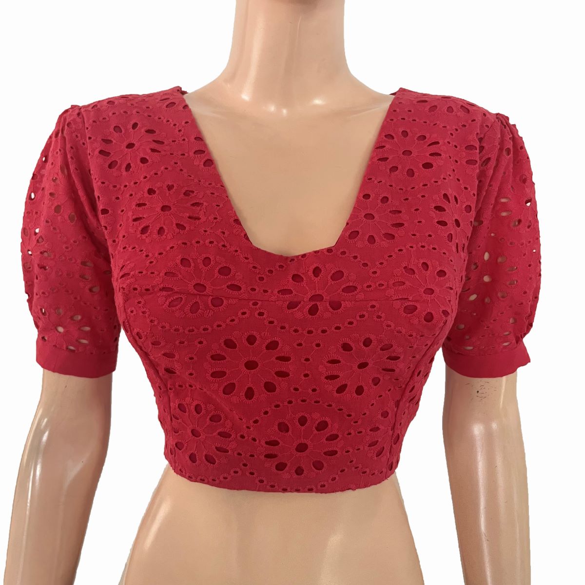 Hakoba Cutwork Cotton Back Open Blouse with Triangle Cut in Back, Puff Sleeves and Lining, Hot Pink , BW1175