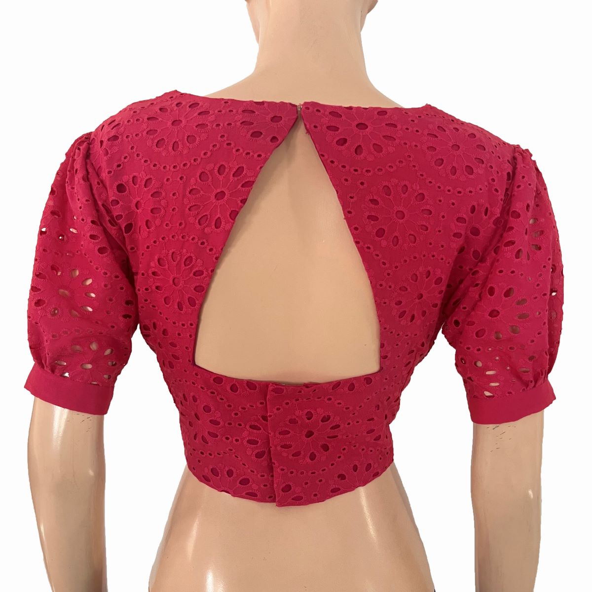 Hakoba Cutwork Cotton Back Open Blouse with Triangle Cut in Back, Puff Sleeves and Lining, Hot Pink , BW1175