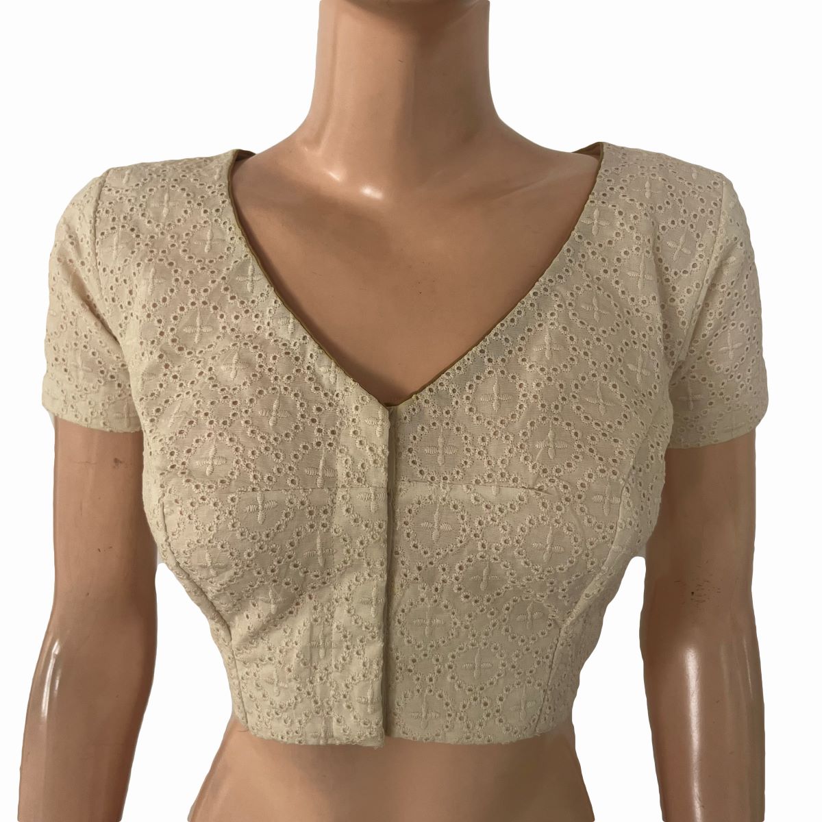 Hakoba Cutwork Cotton V Neck Blouse with Short Sleeves and Lining, Off White , BW1176