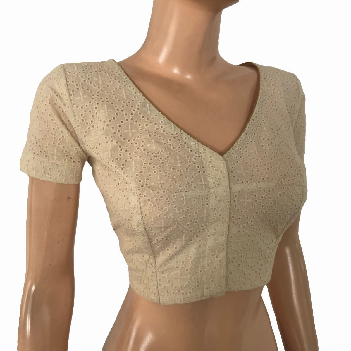 Hakoba Cutwork Cotton V Neck Blouse with Short Sleeves and Lining, Off White , BW1176