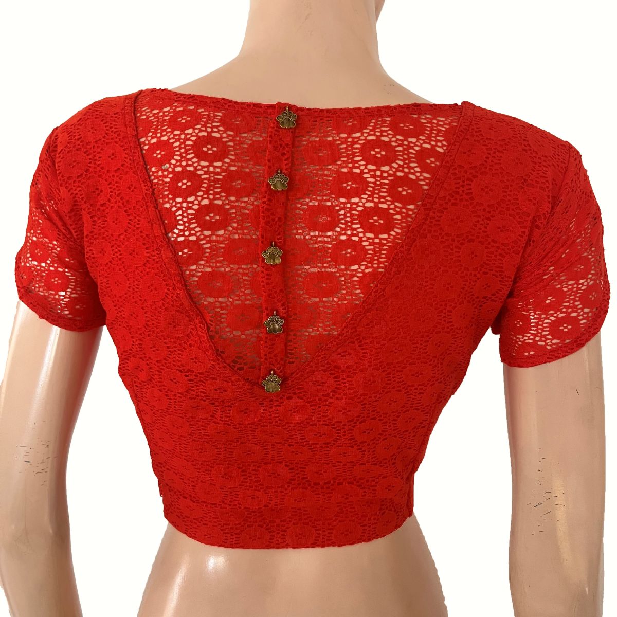 Cotton Net V Neck Blouse with Tulip Sleeves, Metal Embellishments & Lining , Red , BW1182