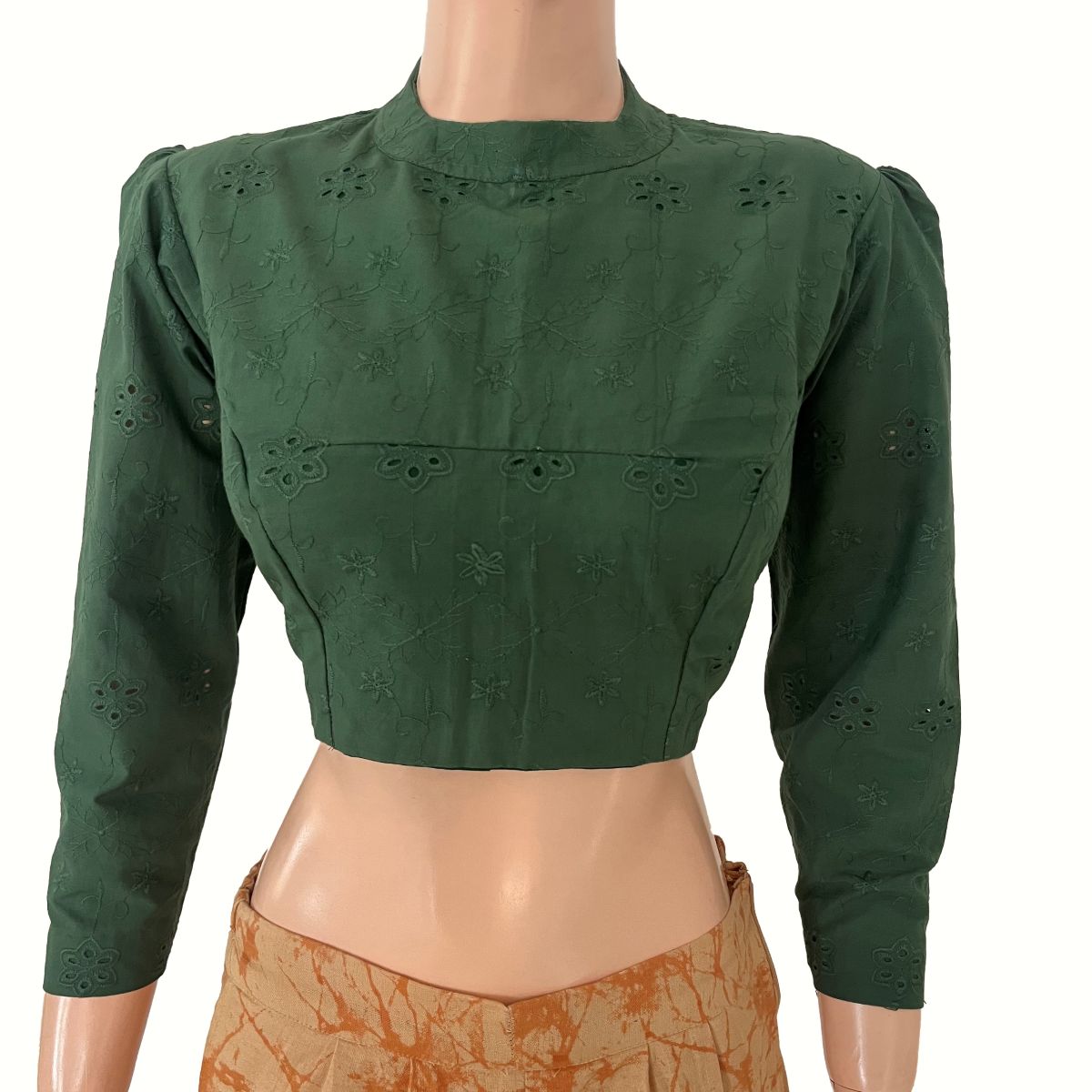 Hakoba Cotton Close Neck Blouse with Puff Full Sleeves, Back Open and Lining , Bottle Green , BW1184