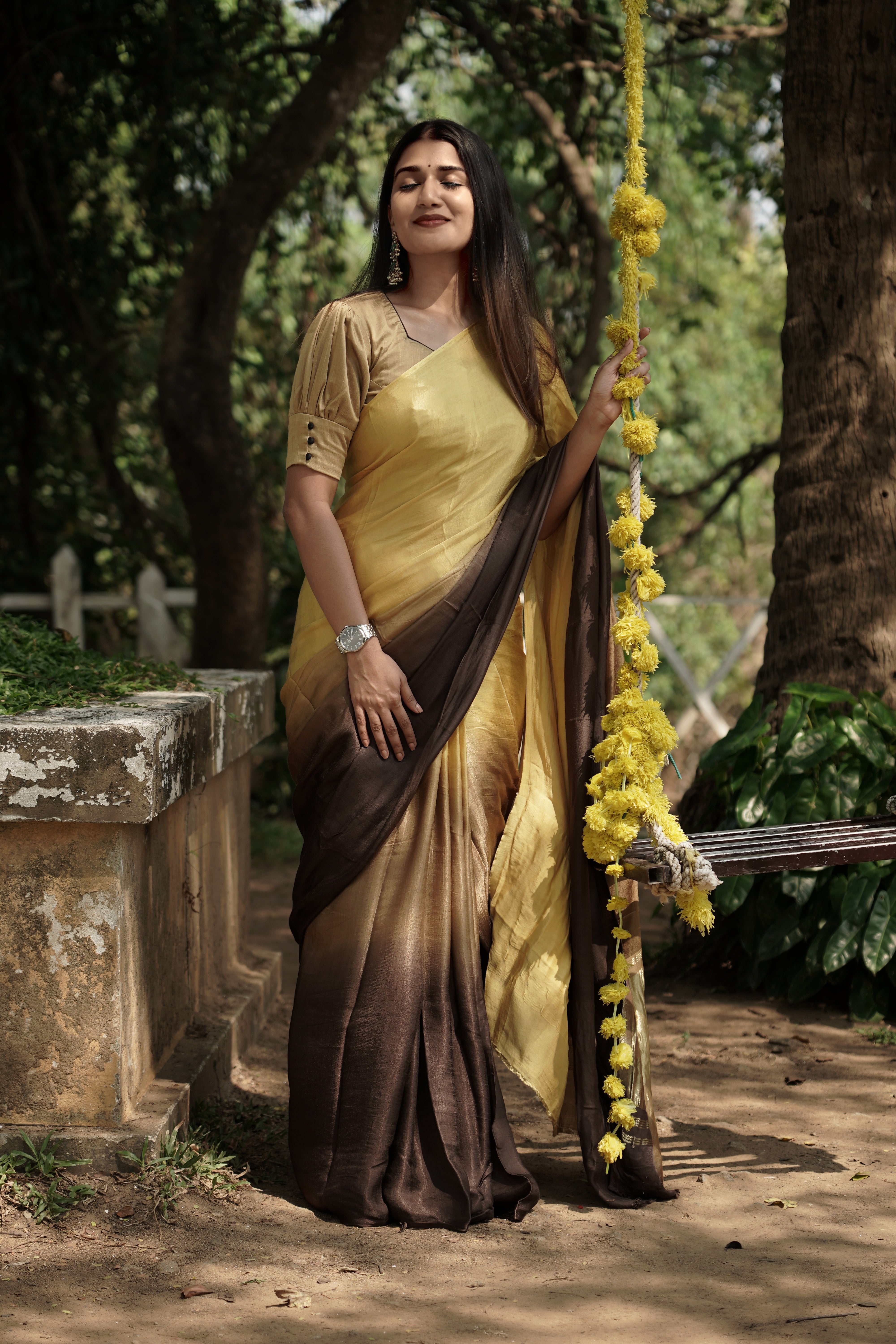 Golden Beige and Coffee Brown Ombre Modal Silk Saree with Tissue Pallu, SS1035