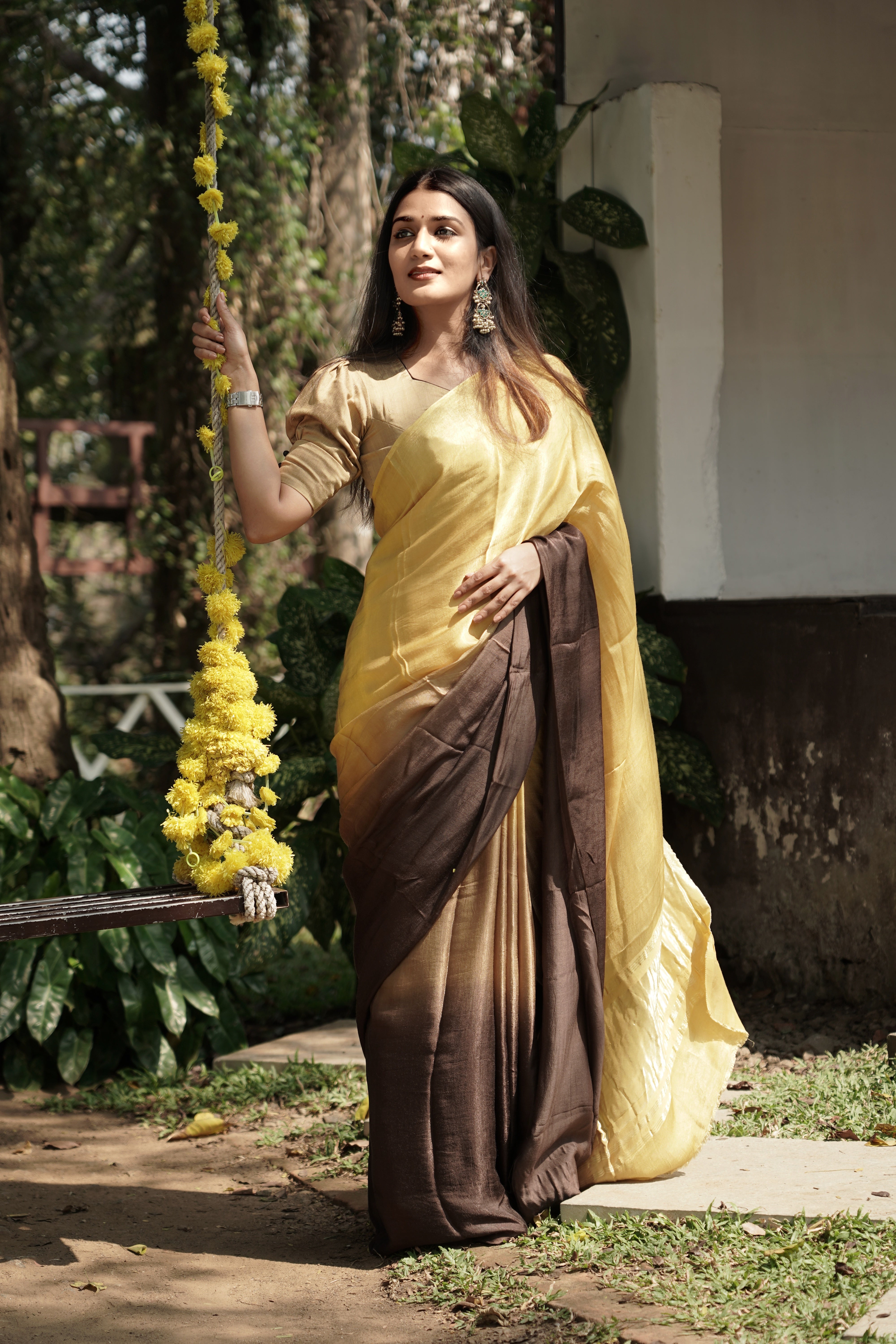 Golden Beige and Coffee Brown Ombre Modal Silk Saree with Tissue Pallu, SS1035