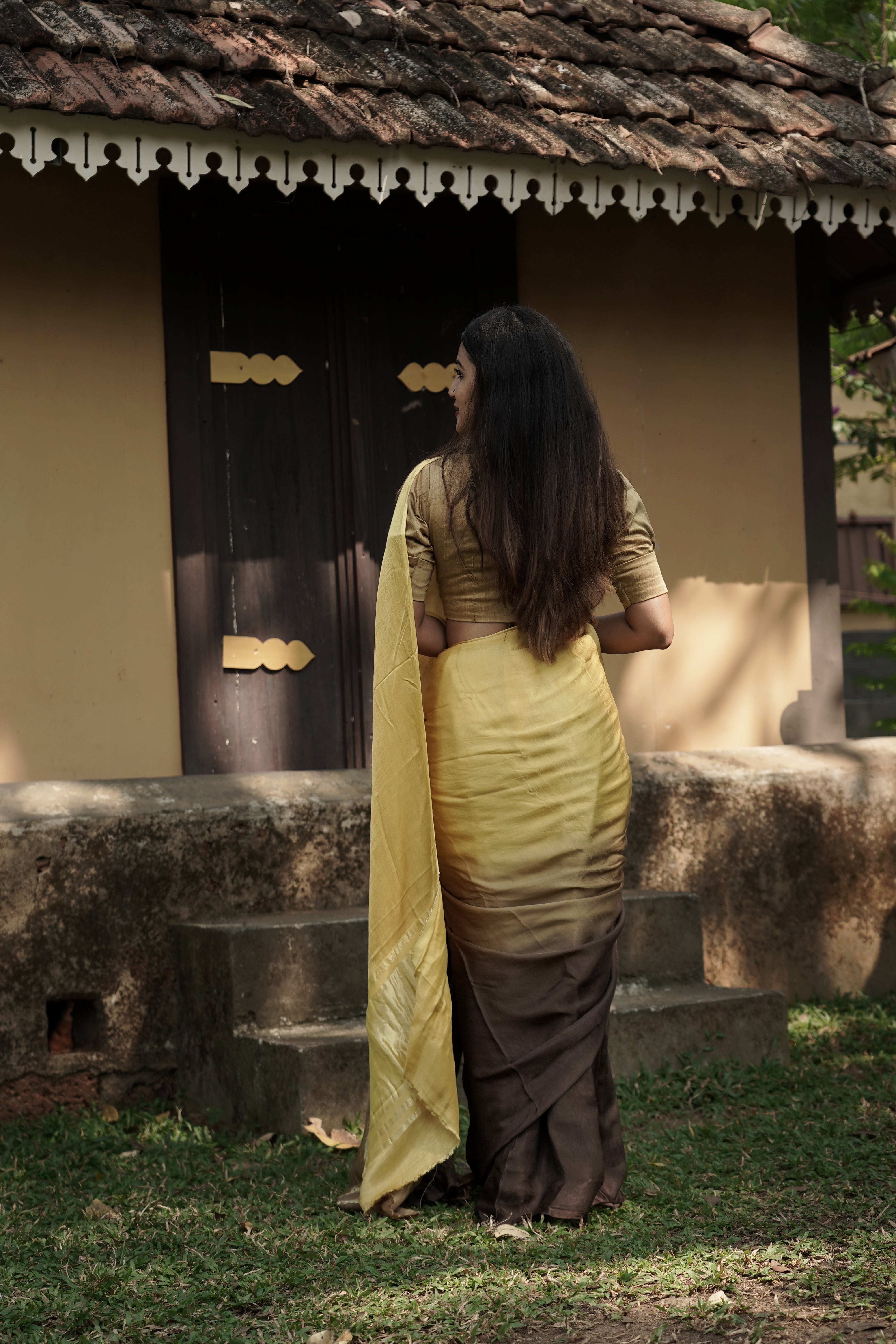 Golden Beige and Coffee Brown Ombre Modal Silk Saree with Tissue Pallu, SS1035