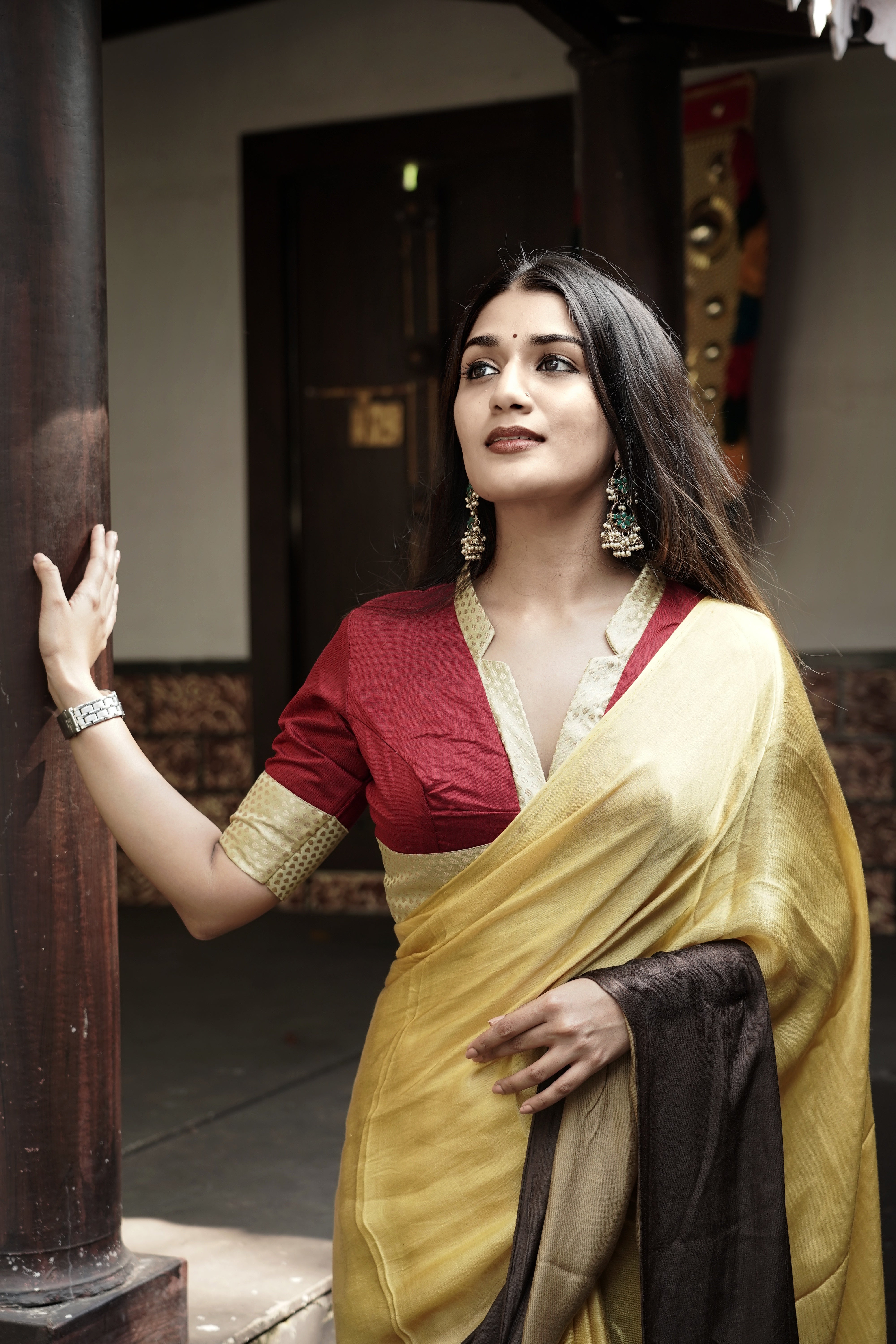 Golden Beige and Coffee Brown Ombre Modal Silk Saree with Tissue Pallu, SS1035