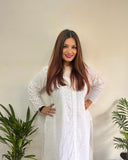 Cotton Cutwork Straight cut Kurti with Chinese Collar & Lining, Pure White, KW1001 Cotton Cutwork Straight cut Kurti with Chinese Collar & Lining, Pure White, KW1001