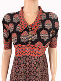 Ajrakh Cotton Collar neck A Line Kurta with Wooden Button details, Black, KA1030 Ajrakh Cotton Collar neck A Line Kurta with Wooden Button details, Black, KA1030