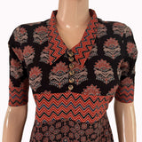 Ajrakh Cotton Collar neck A Line Kurta with Wooden Button details, Black, KA1030 Ajrakh Cotton Collar neck A Line Kurta with Wooden Button details, Black, KA1030