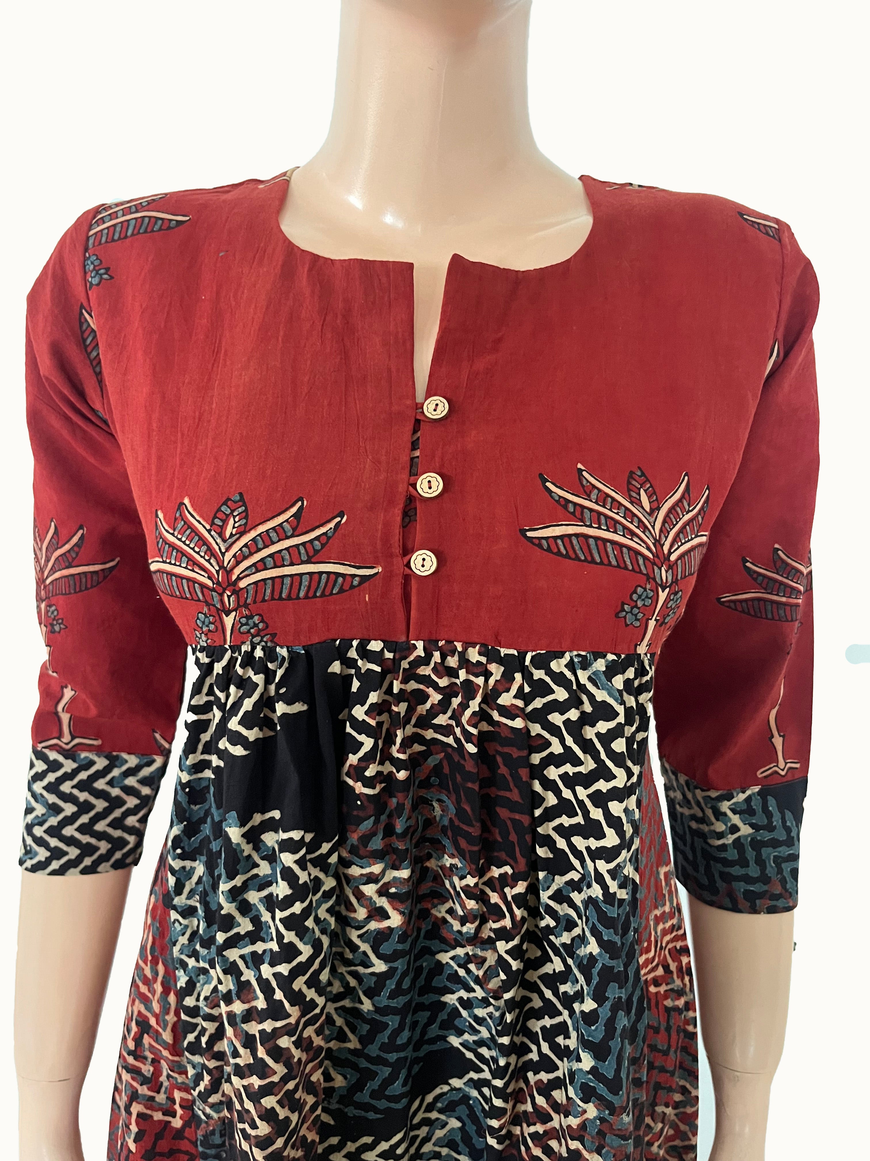 Ajrakh Cotton , Pleated Kurta with Pocket ,Maroon-Black KA1043