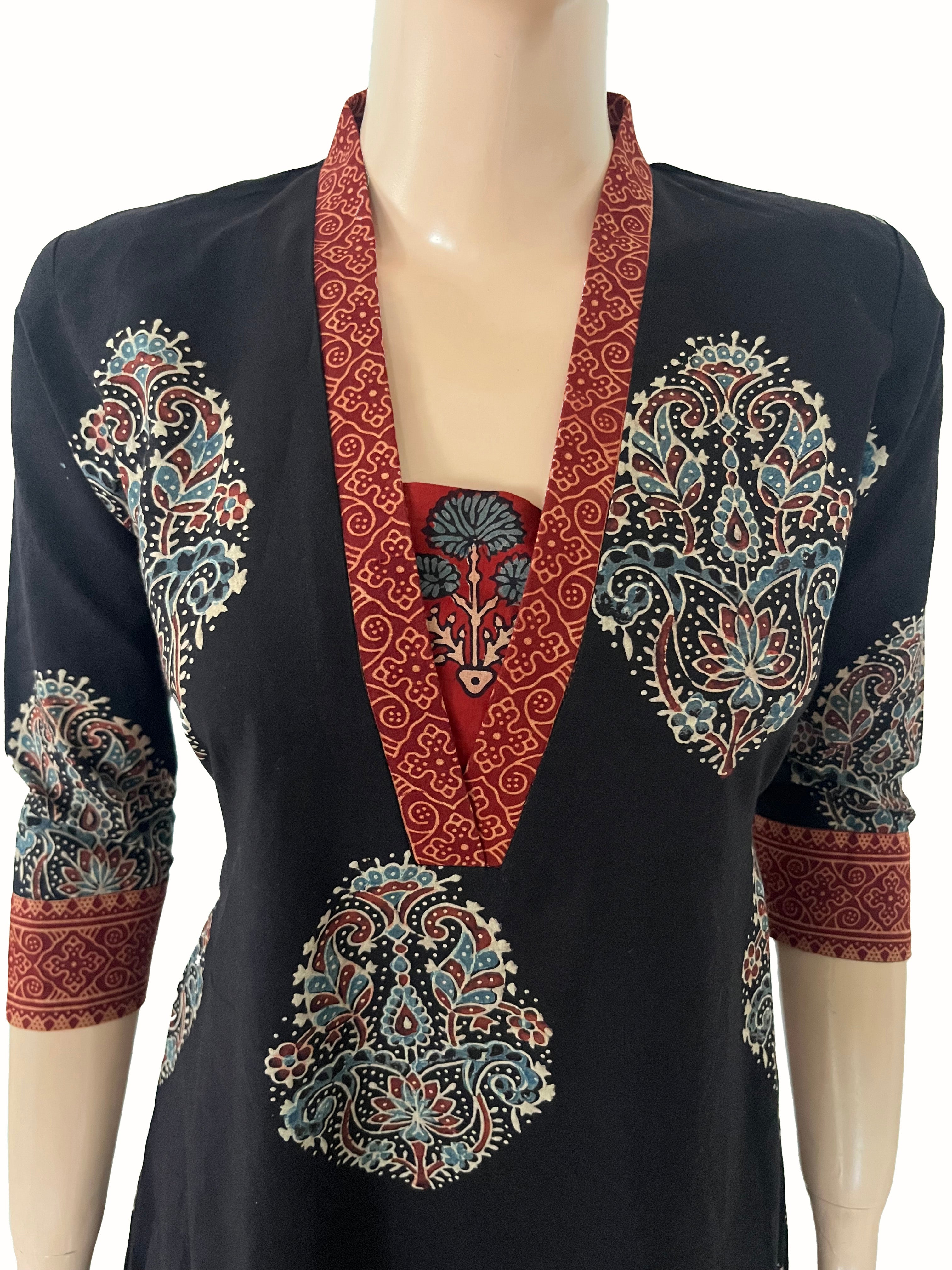 Ajrakh Cotton V collar A Line kurta with 3/4 Sleeves and Pocket ,Black ,KA1044