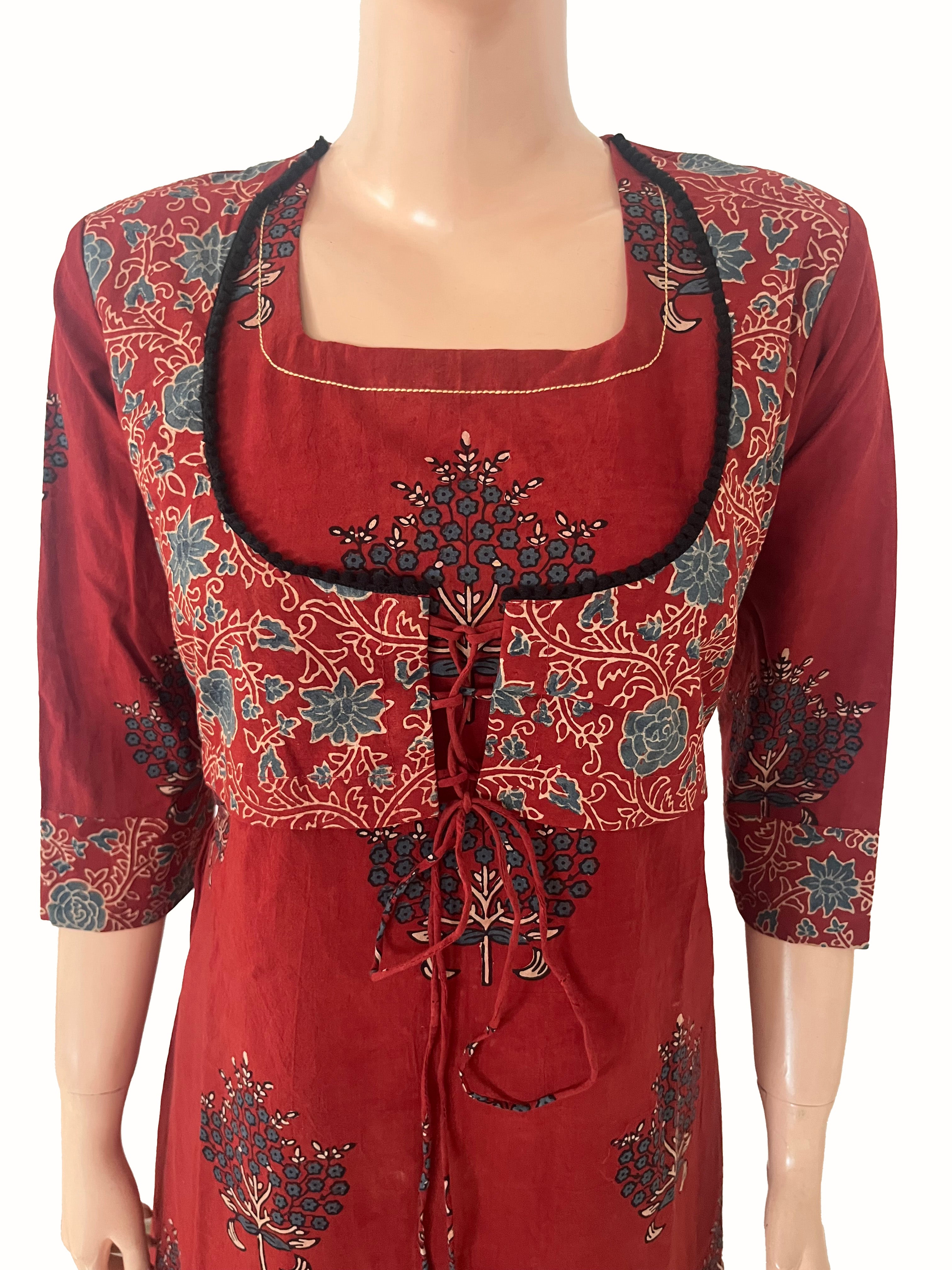 Ajrakh Cotton Jacket Style A Line Kurti with Dori, Lace Detailing & Pockets, Maroon, KA1065