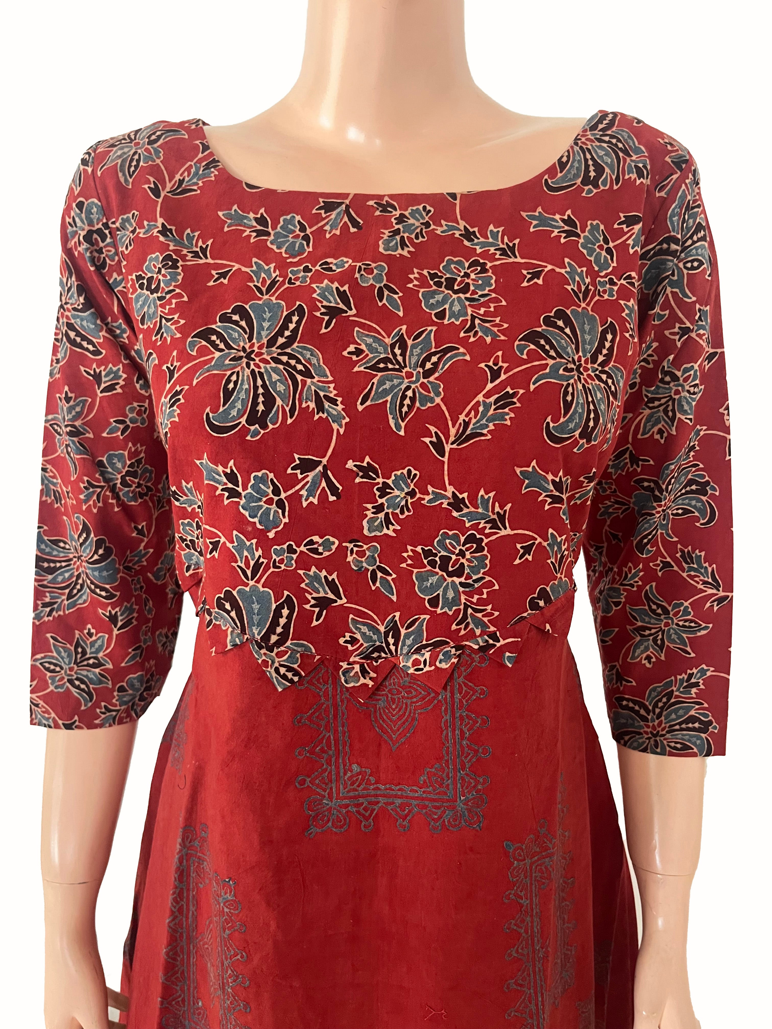 Ajrakh Cotton A Line Boat Neck Kurta with Patch Detailing & Pockets, Maroon, KA1066