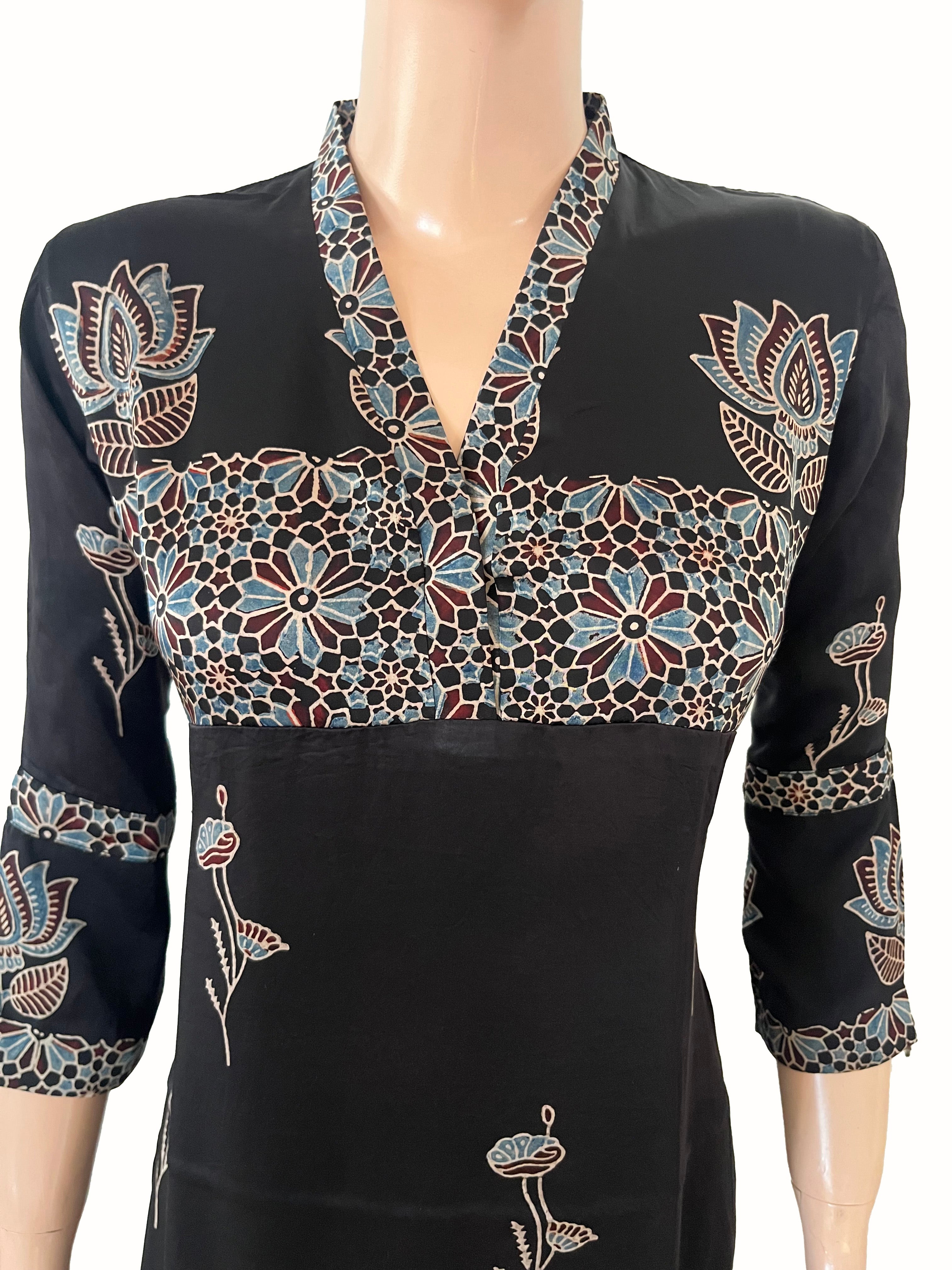 Ajrakh Printed Modal Silk V Collar A Line Kurta with Pockets , Black, KS1012