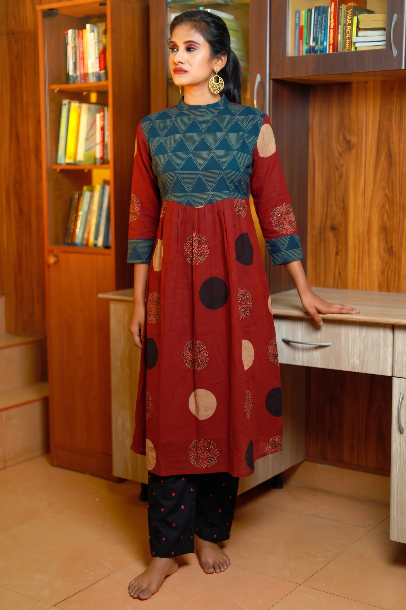 Ajrakh Cotton A Line Kurta with Close Collar & Pockets, Maroon - Blue , KA1067