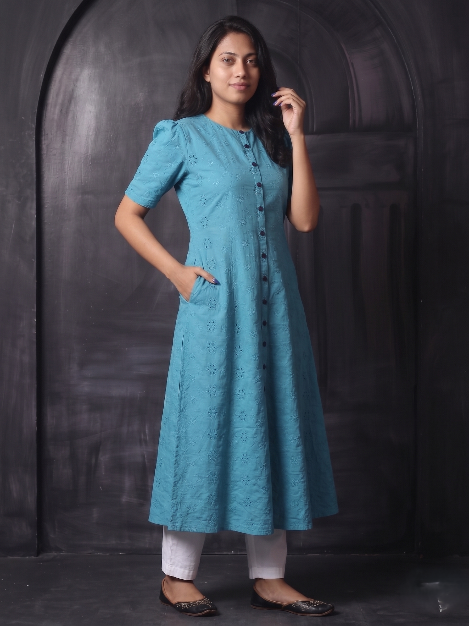 Hakoba Cutwork Cotton A line Kurta with Close Neck, Puff Sleeves & Pockets, Blue ,KW1052