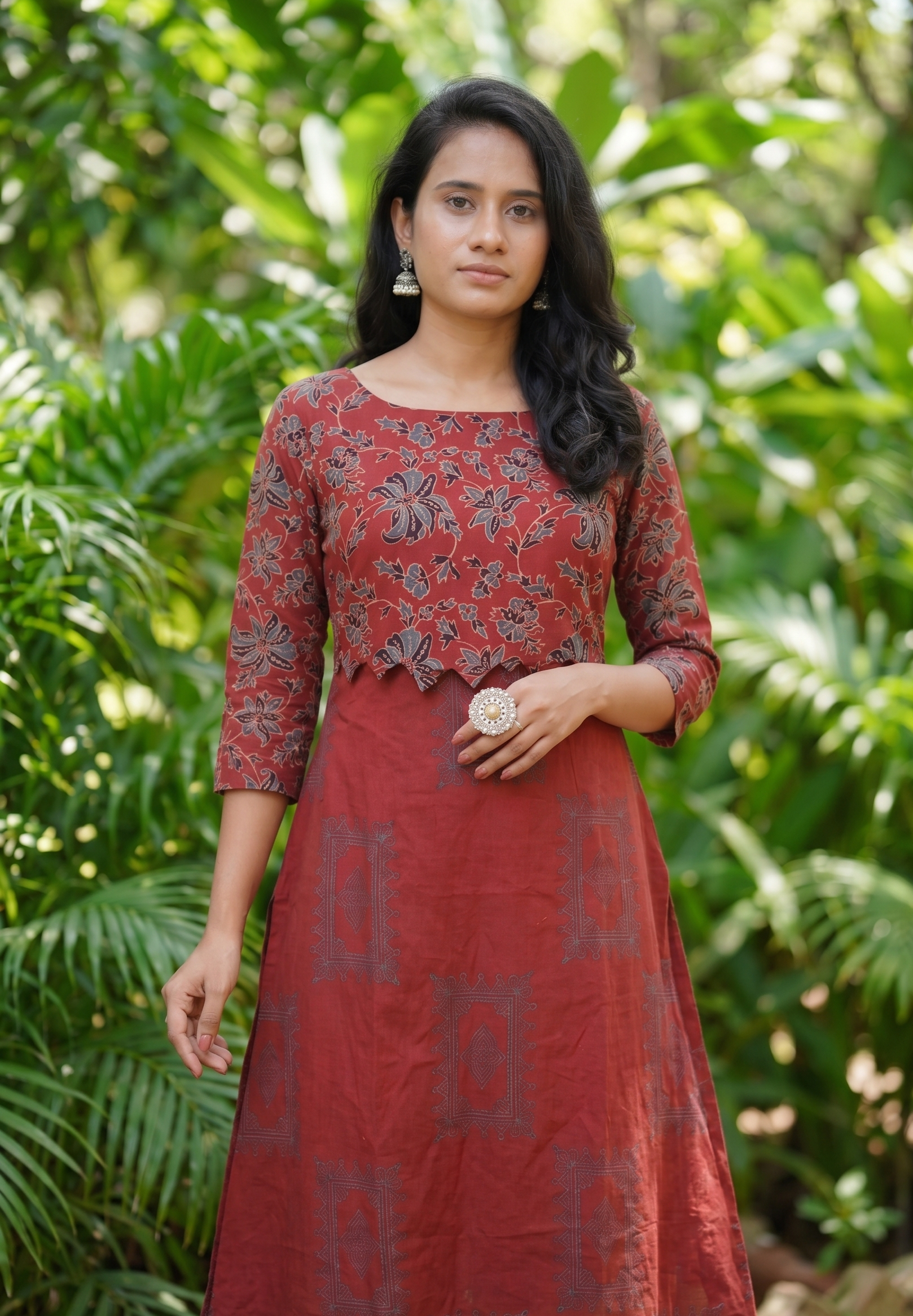 Ajrakh Cotton A Line Boat Neck Kurta with Patch Detailing & Pockets, Maroon, KA1066