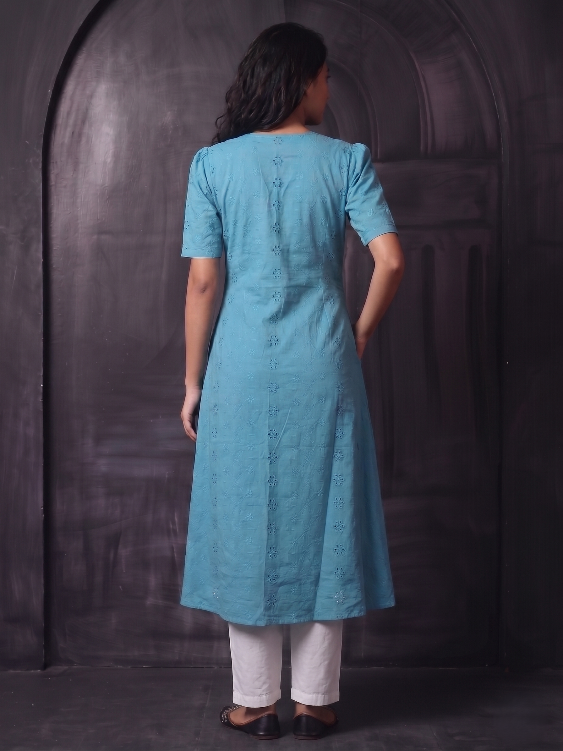 Hakoba Cutwork Cotton A line Kurta with Close Neck, Puff Sleeves & Pockets, Blue ,KW1052