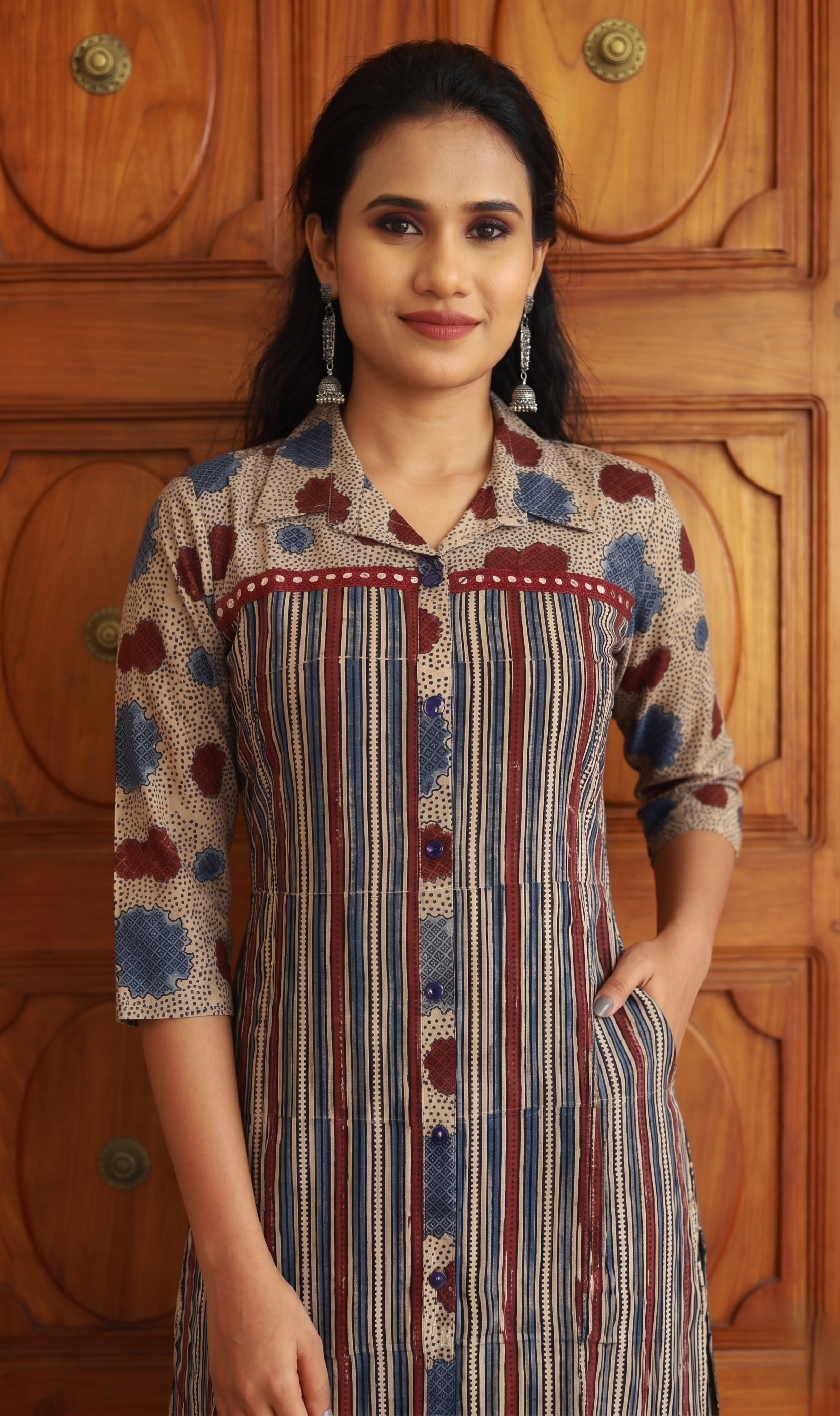 Ajrakh Cotton Shirt collar Straight Cut Kurta with Lace and Button Details with Pocket , Multicolor, KA1051