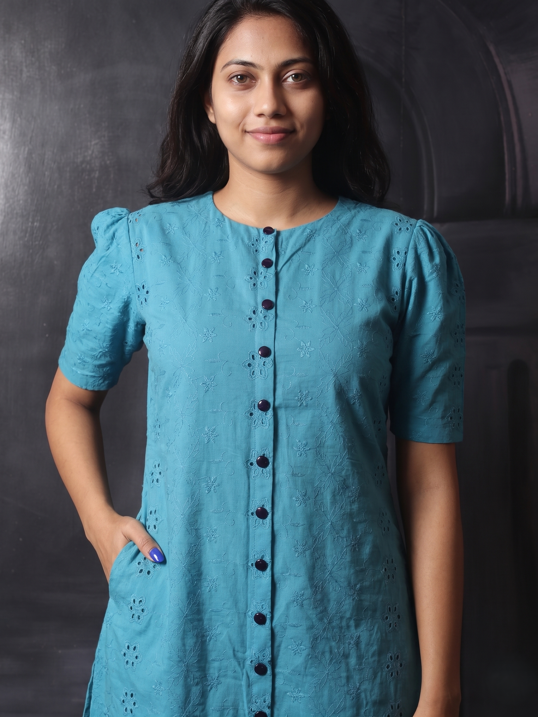 Hakoba Cutwork Cotton A line Kurta with Close Neck, Puff Sleeves & Pockets, Blue ,KW1052