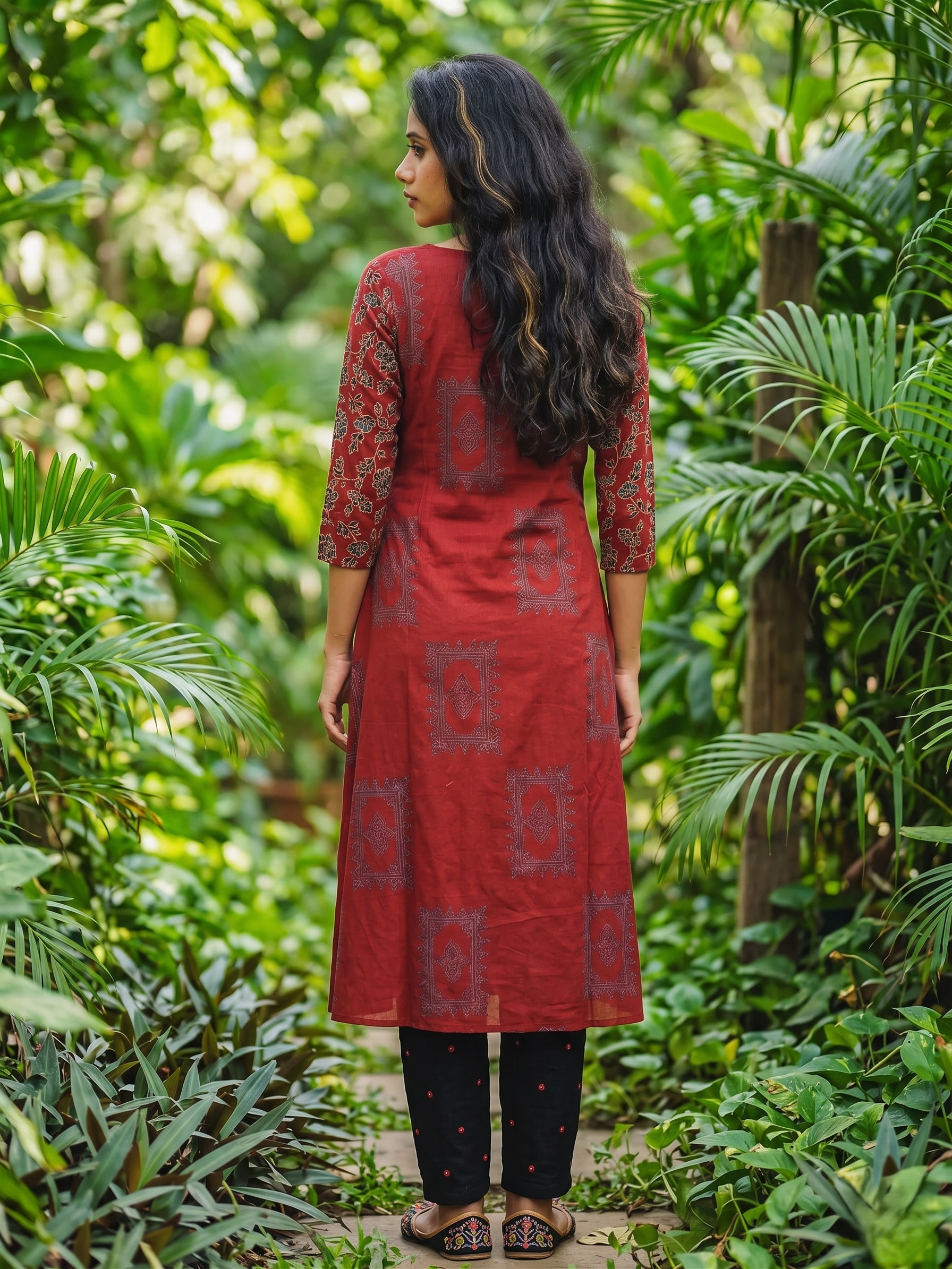 Ajrakh Cotton A Line Boat Neck Kurta with Patch Detailing & Pockets, Maroon, KA1066