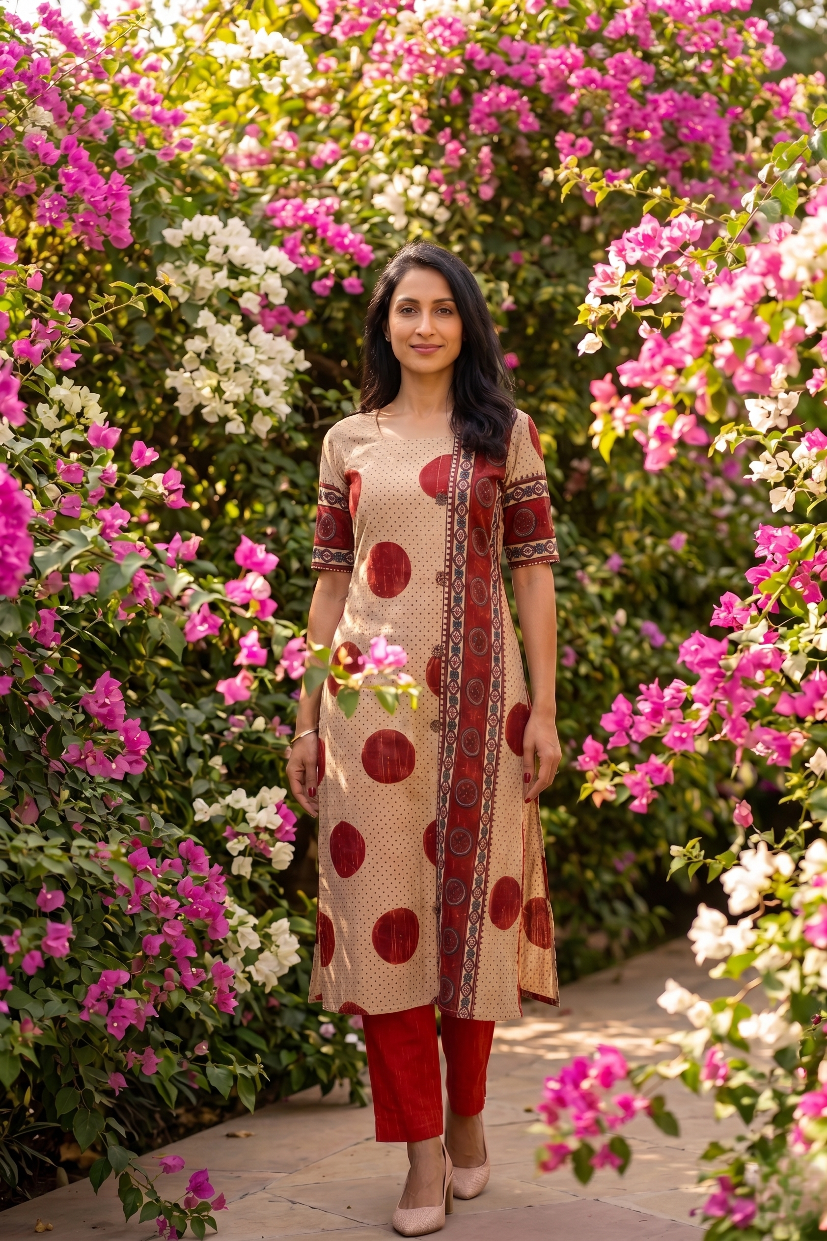 Ajrakh Cotton Straight Cut Kurta with Square Neck and Half Sleeves with Pockets, Ivory , KA1057