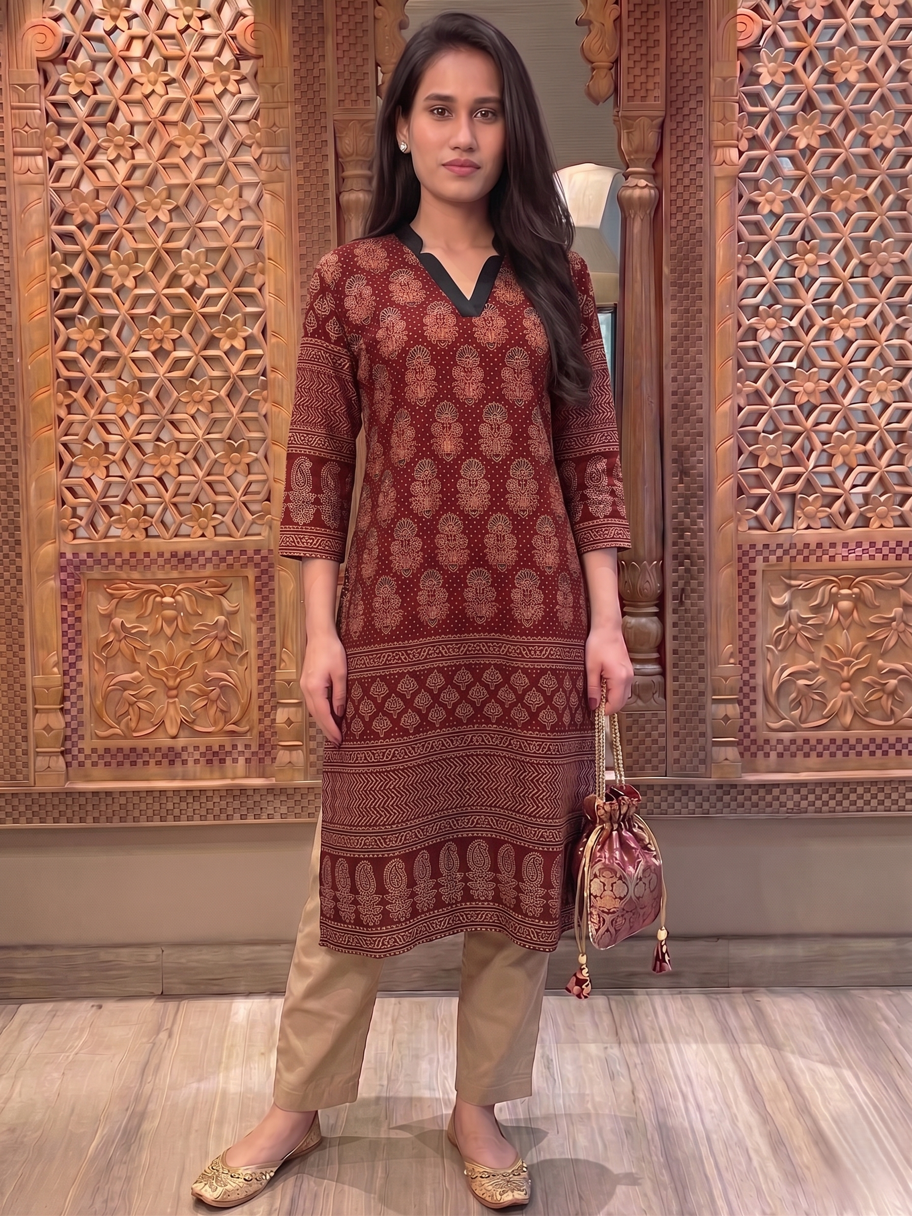 Mashroo Silk V Collar Straight Cut Kurta with Ajrakh Print & 3/4 Sleeves , Maroon, KS1006