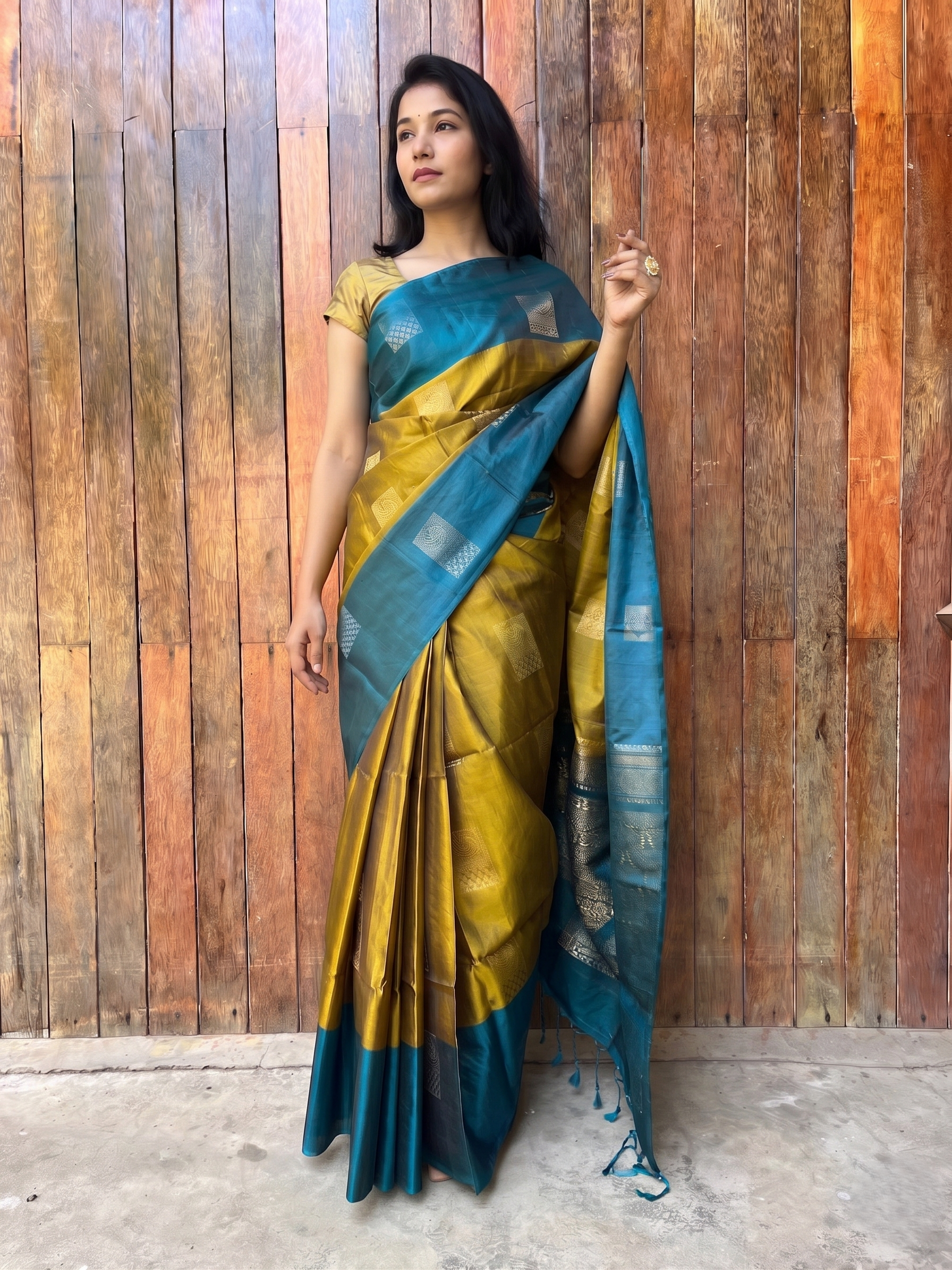 Pure Kanchipuram Soft Silk Saree with Minakari Woven Butta, Contrast Border, Heavy Zari Pallu & Plain Teal blue Blouse Piece, Mustard - Teal blue, SK1011