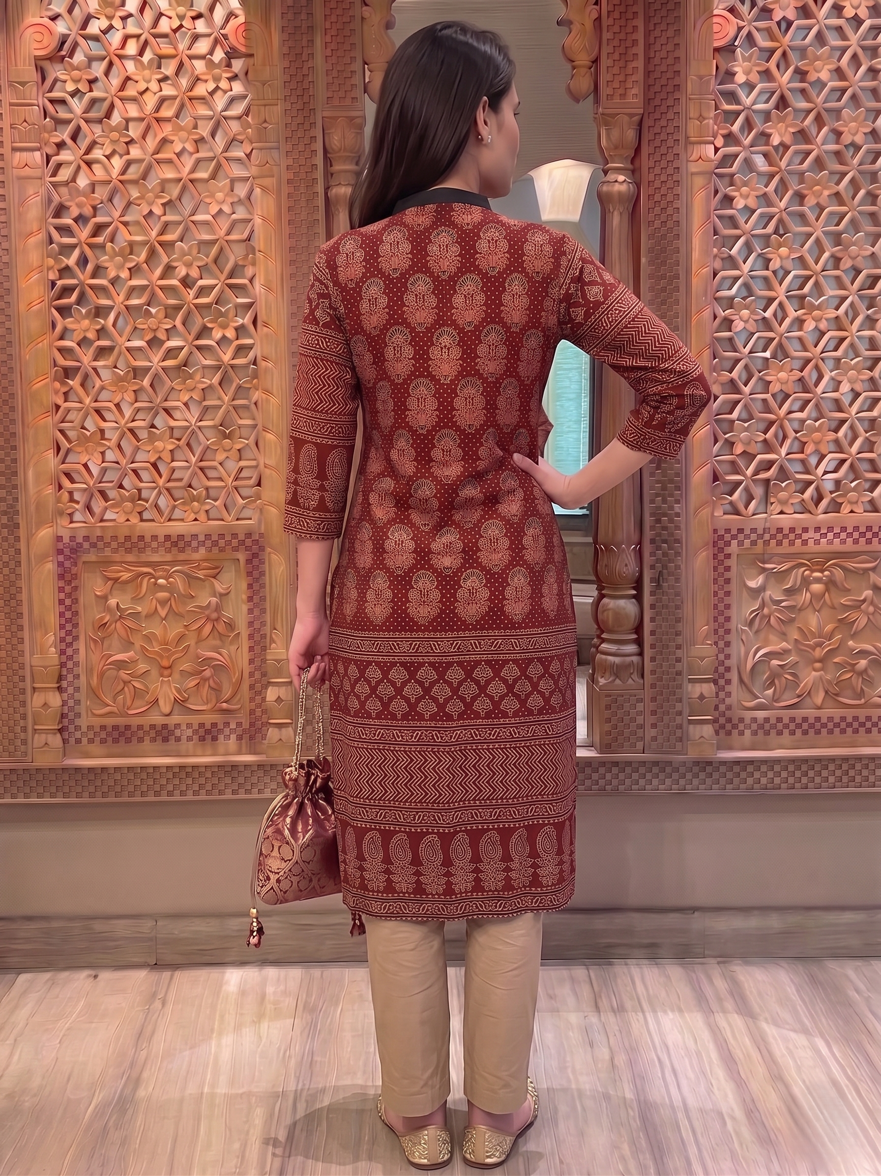 Mashroo Silk V Collar Straight Cut Kurta with Ajrakh Print & 3/4 Sleeves , Maroon, KS1006