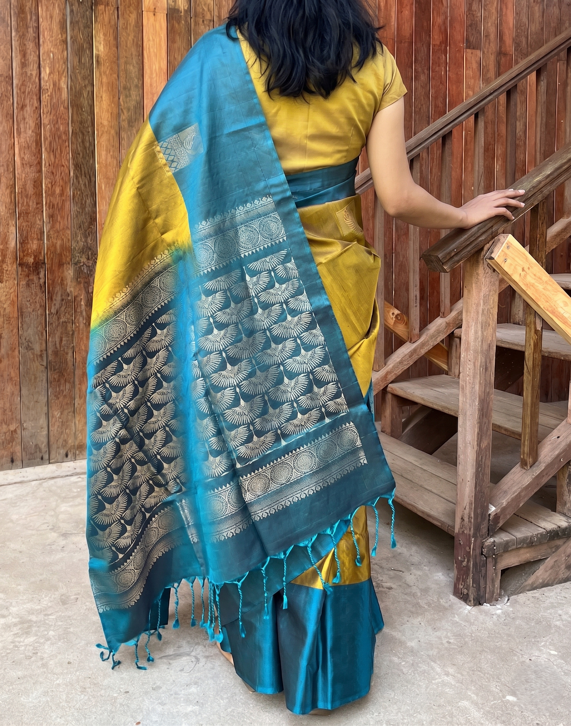 Pure Kanchipuram Soft Silk Saree with Minakari Woven Butta, Contrast Border, Heavy Zari Pallu & Plain Teal blue Blouse Piece, Mustard - Teal blue, SK1011