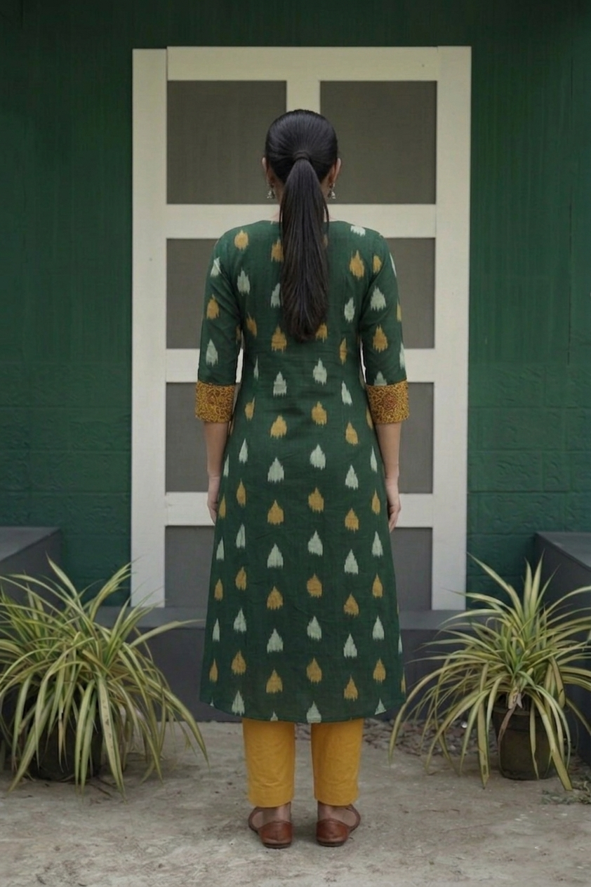 Ikat Cotton Sweetheart neck Kurta with Ajrakh Patches, Bottle Green, KI1015