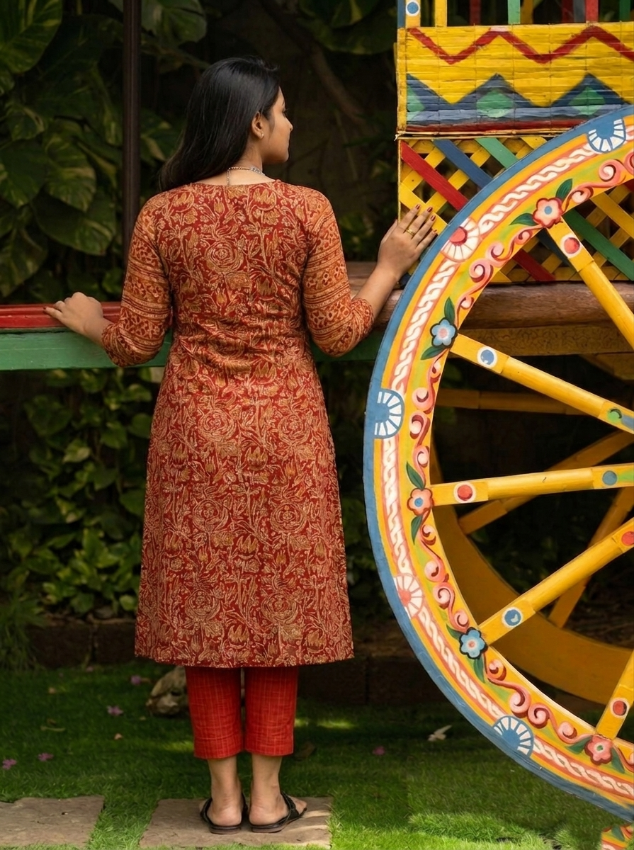 Kalamkari Cotton Paneled kurta, Sweetheart neck with ¾ Sleeves with Pocket, Maroon ,KK1092