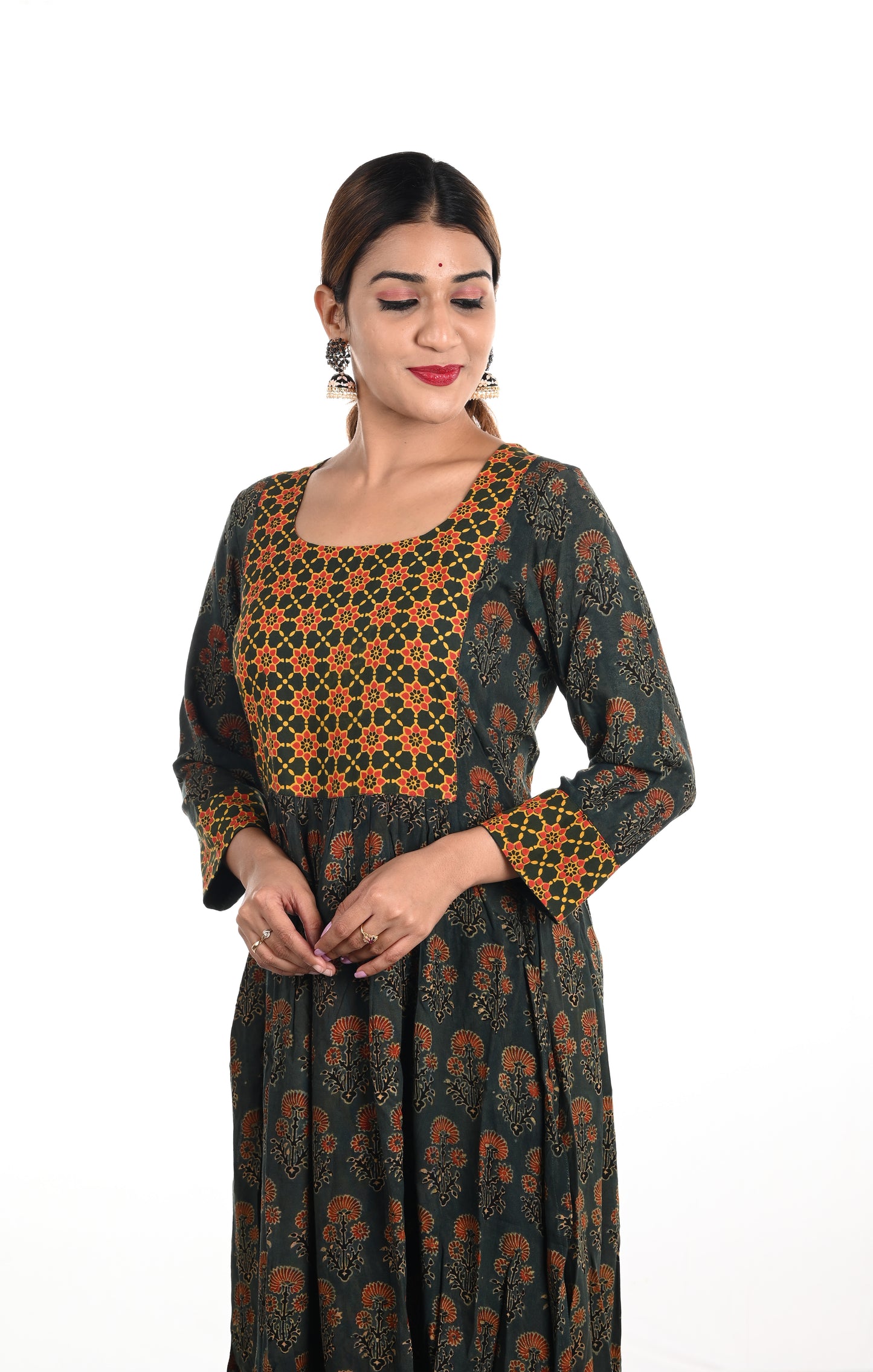 Ajrakh Cotton Rayon Pleated Kurti with U neck, Green, KA1020