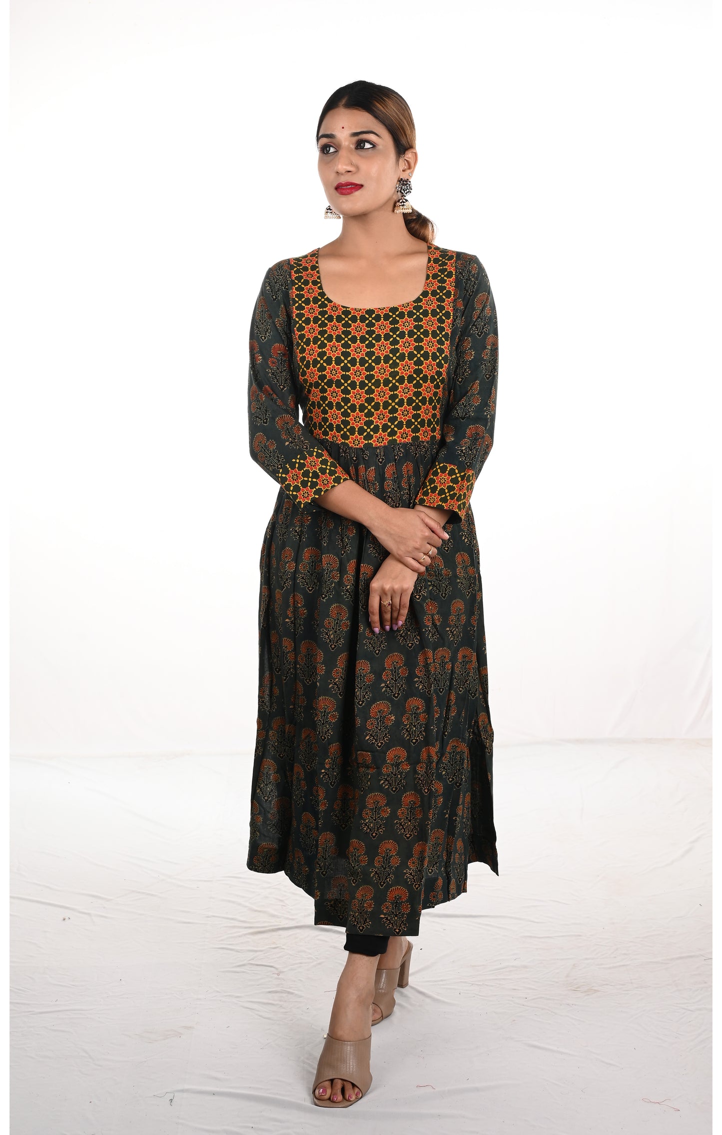 Ajrakh Cotton Rayon Pleated Kurti with U neck, Green, KA1020