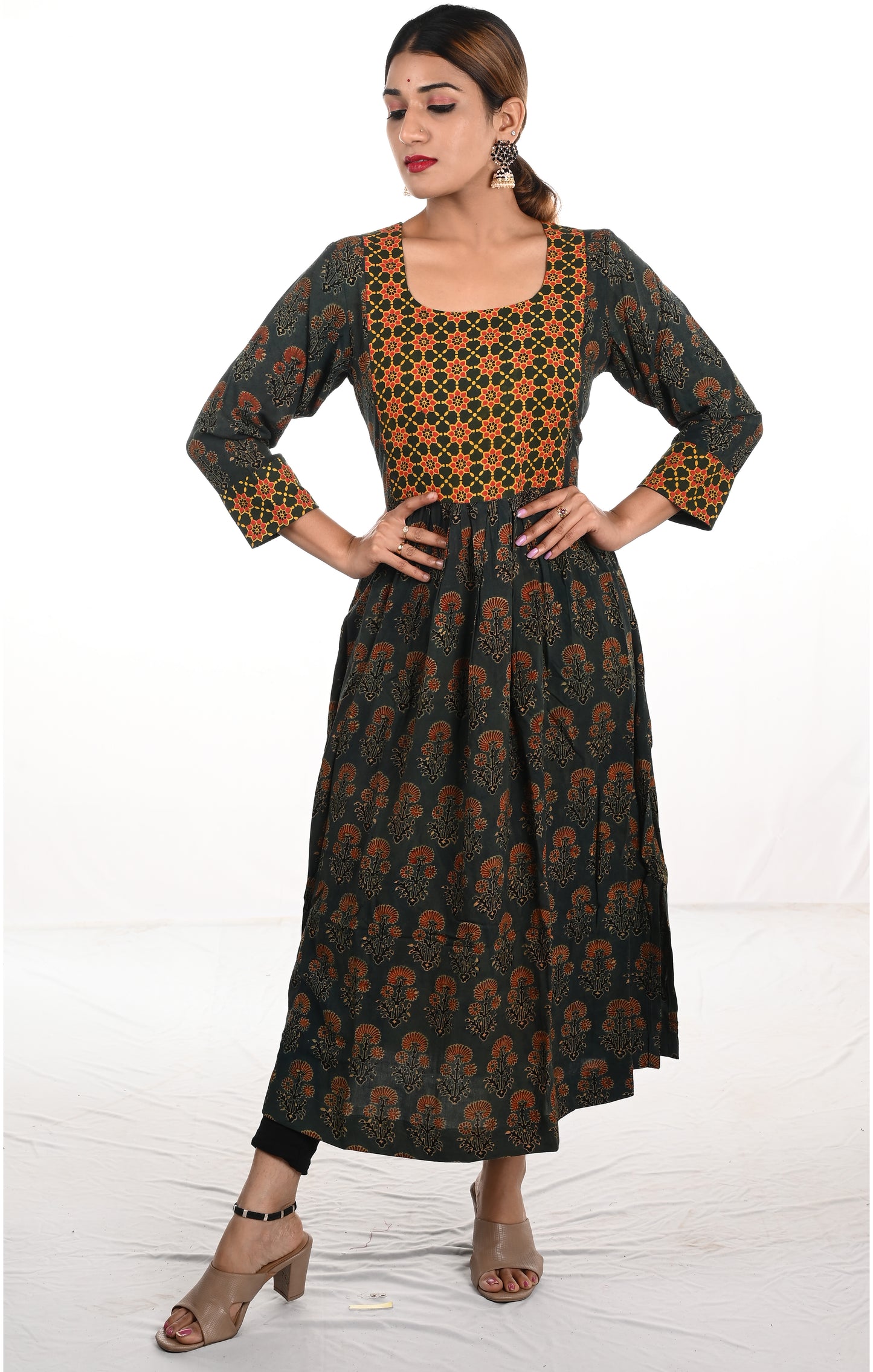 Ajrakh Cotton Rayon Pleated Kurti with U neck, Green, KA1020