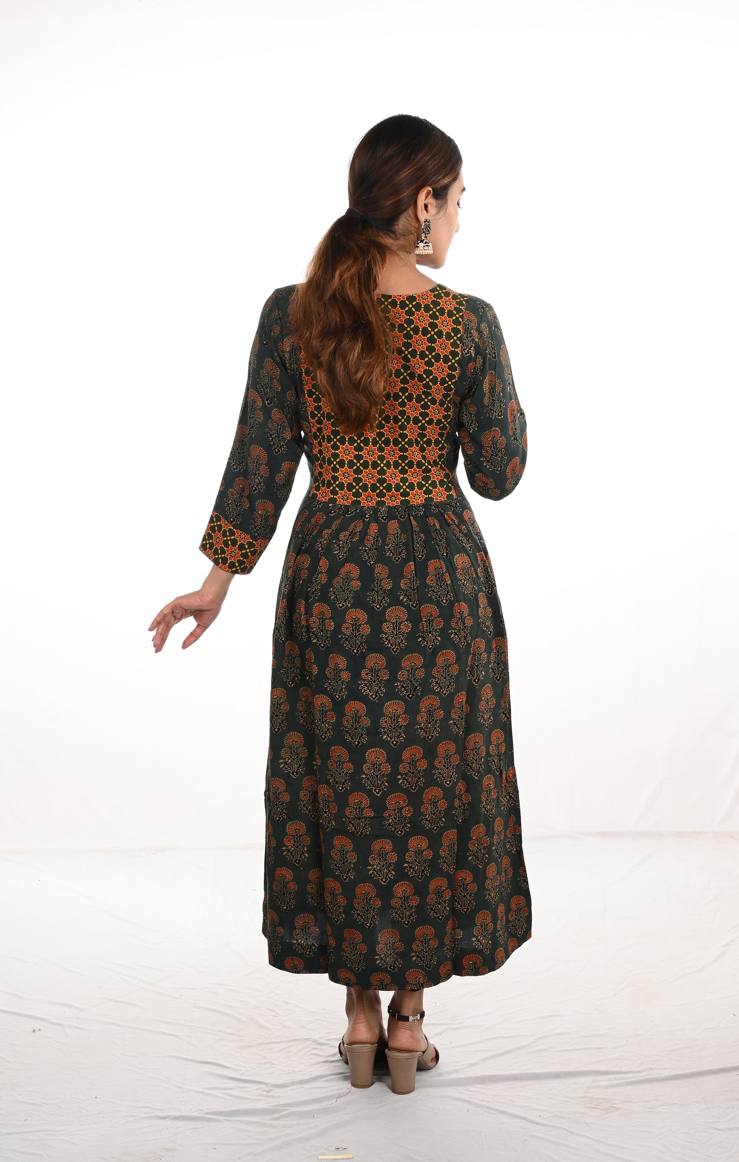Ajrakh Cotton Rayon Pleated Kurti with U neck, Green, KA1020