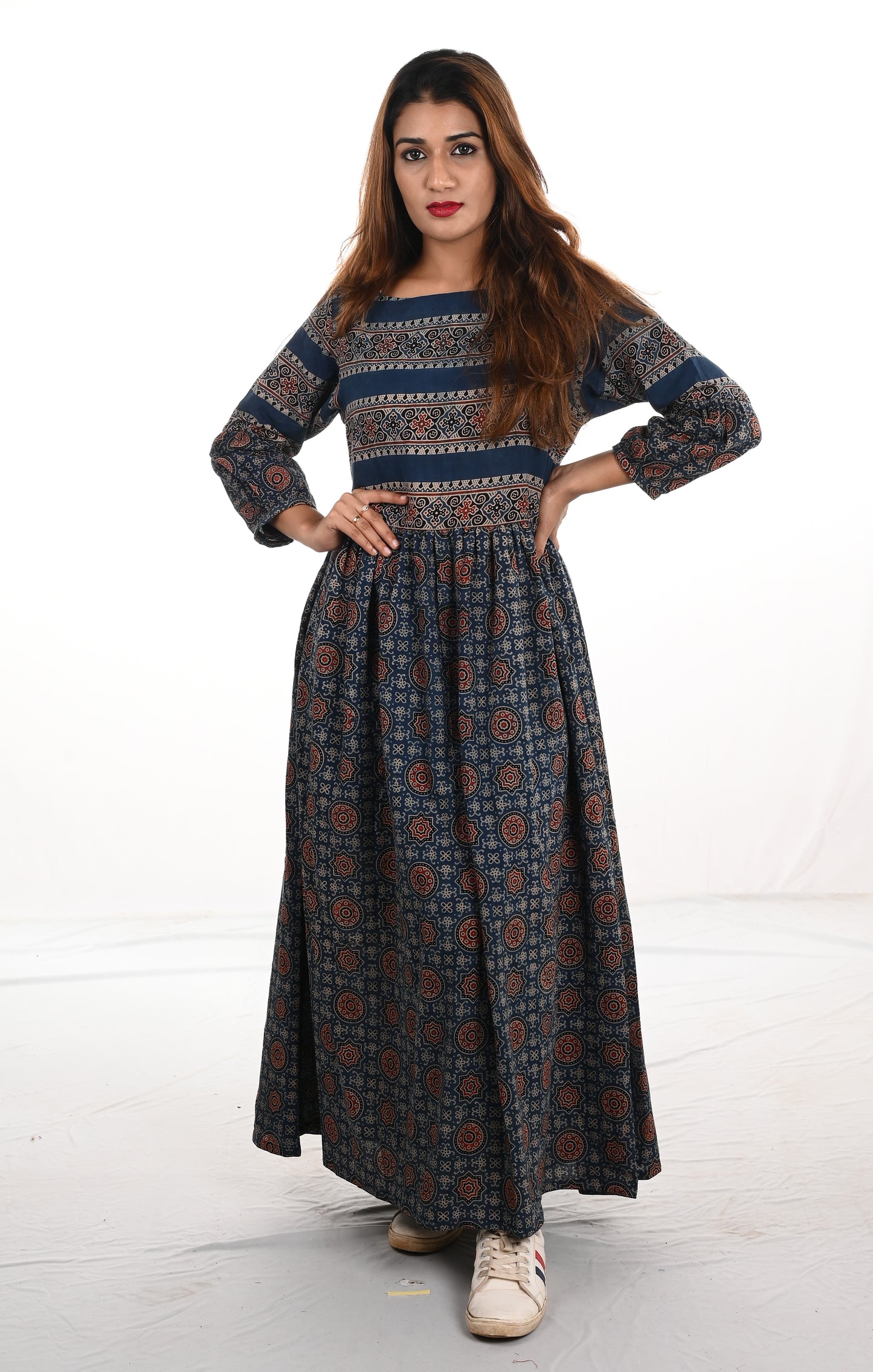 Pleated Ajrakh Cotton Boatneck Maxi Kurta, Indigo blue, KA1021