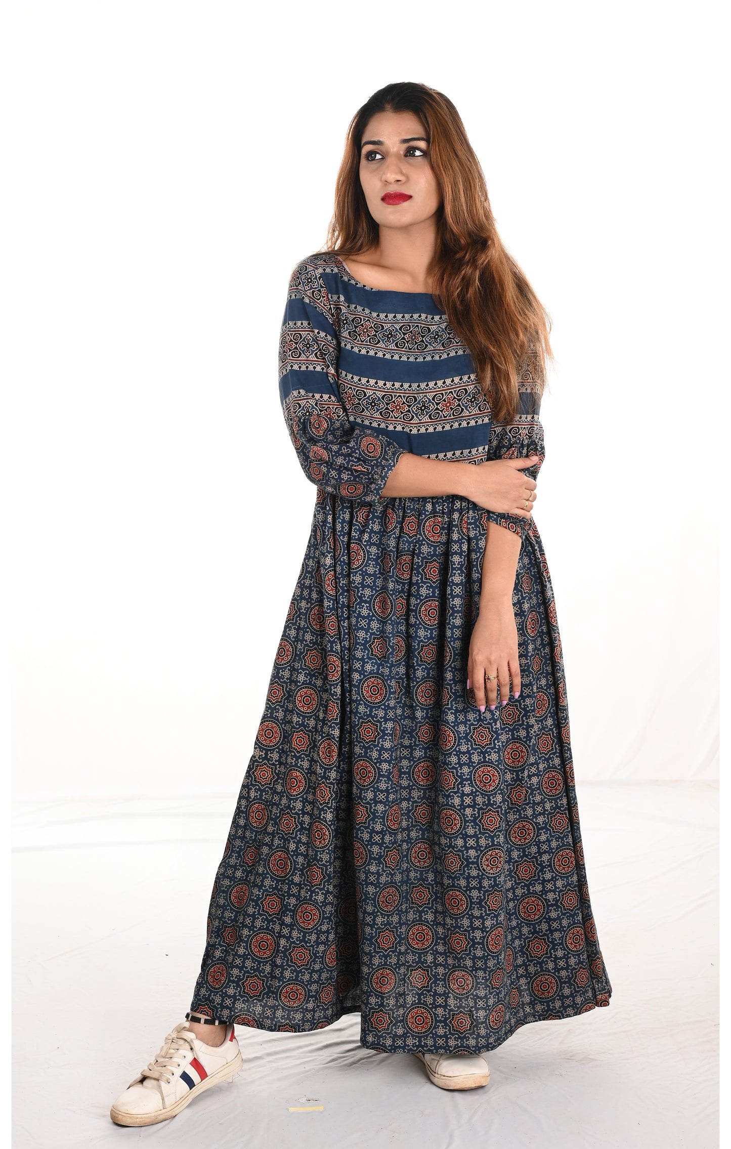 Pleated Ajrakh Cotton Boatneck Maxi Kurta, Indigo blue, KA1021