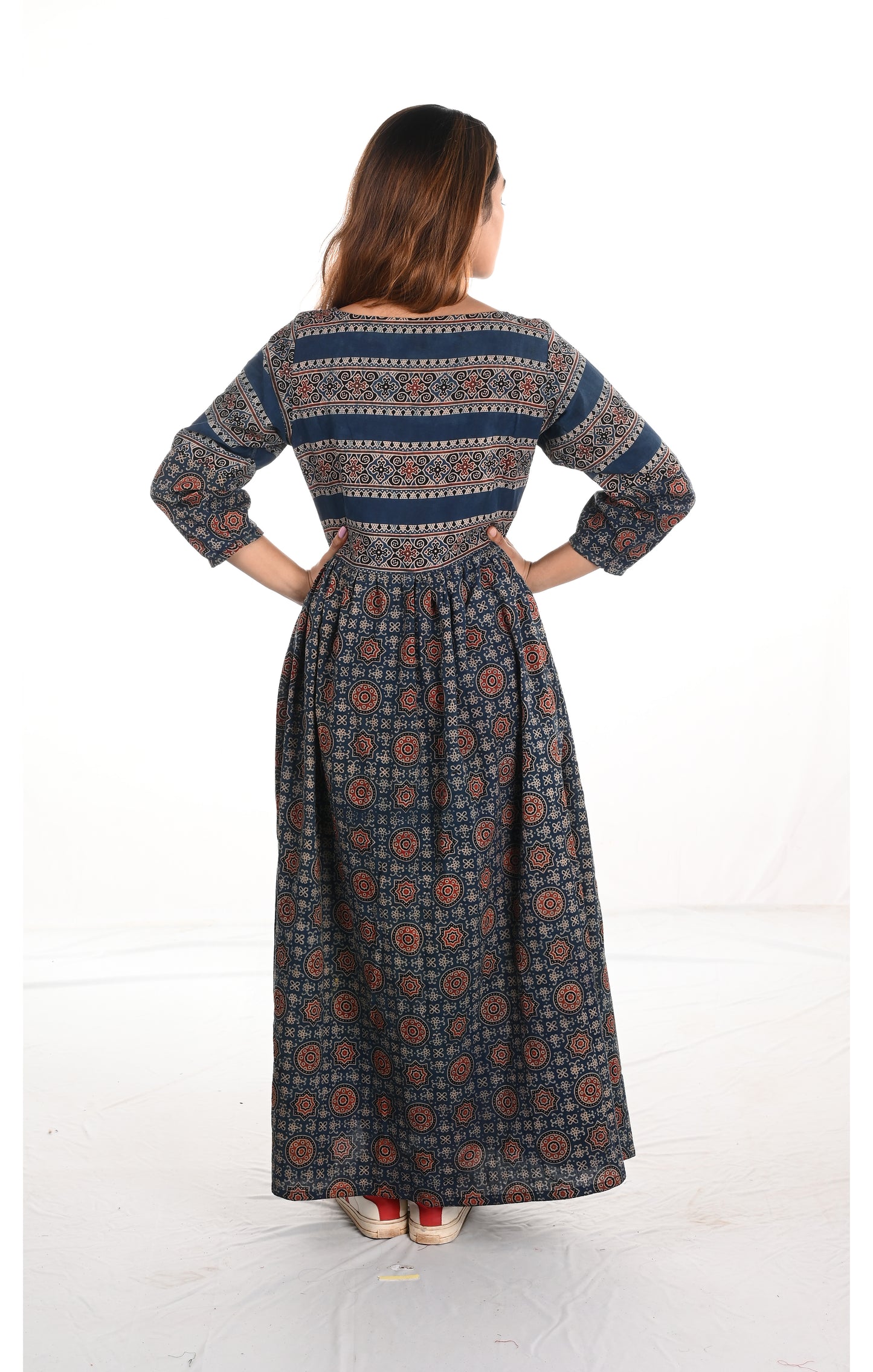 Pleated Ajrakh Cotton Boatneck Maxi Kurta, Indigo blue, KA1021