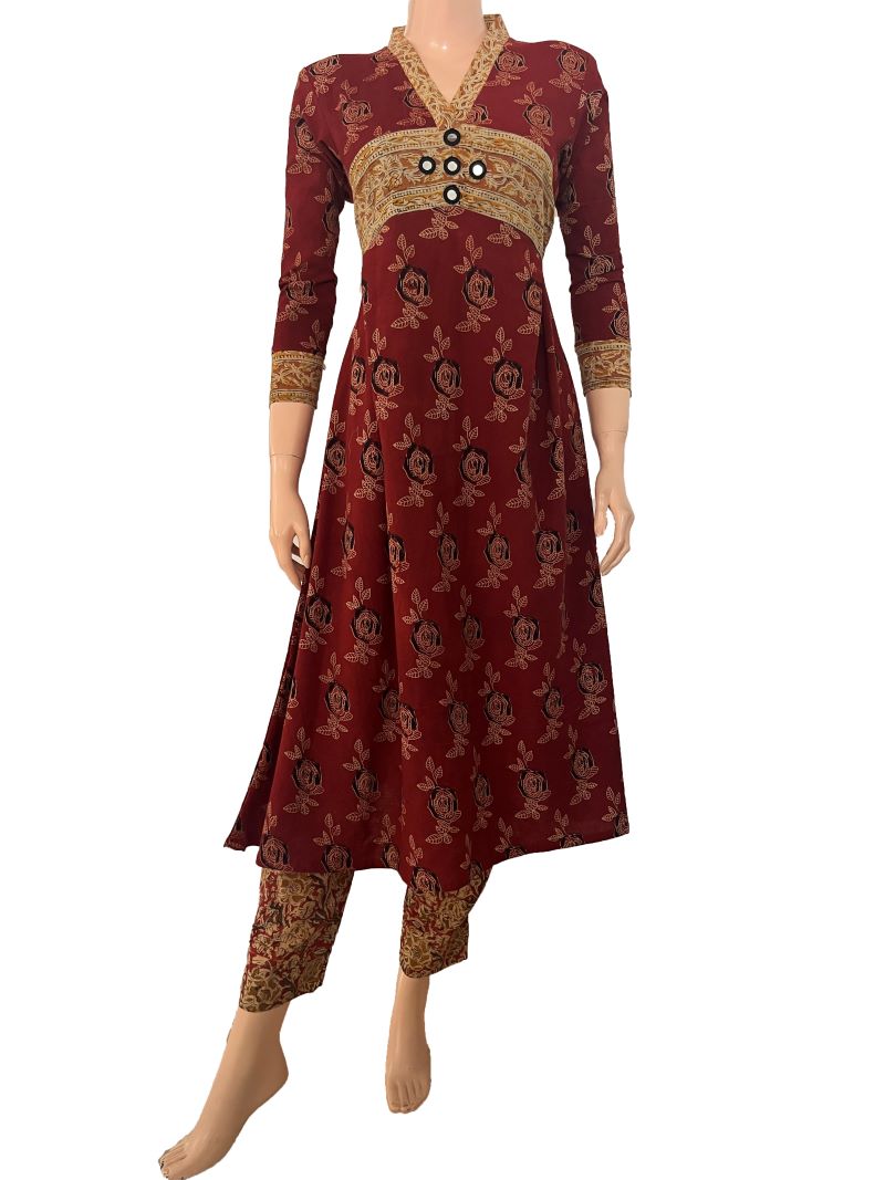 Ajrakh Cotton Collar neck Gathered Kurta with 3/4 sleeves , Maroon, KA1022