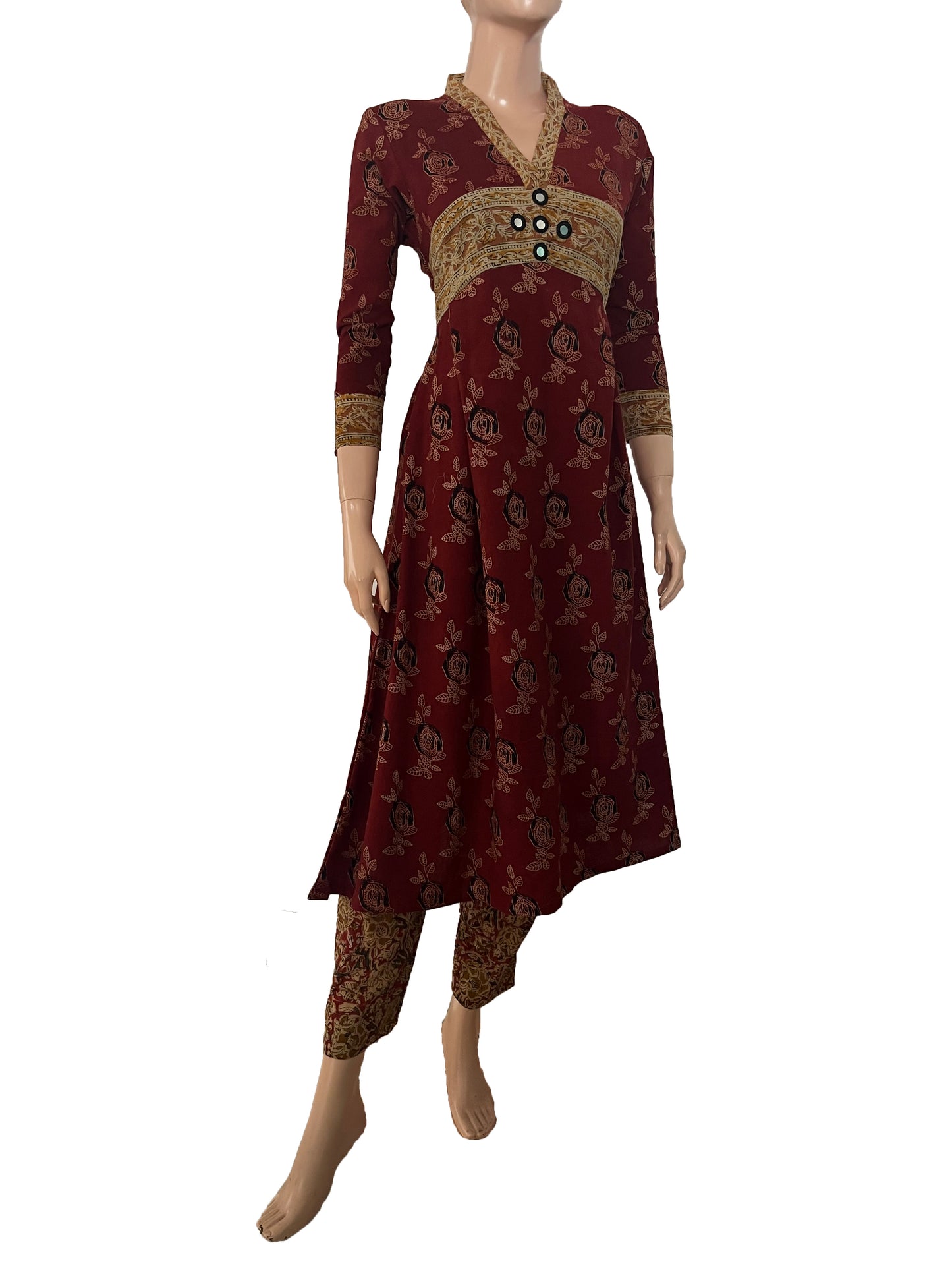 Ajrakh Cotton Collar neck Gathered Kurta with 3/4 sleeves , Maroon, KA1022