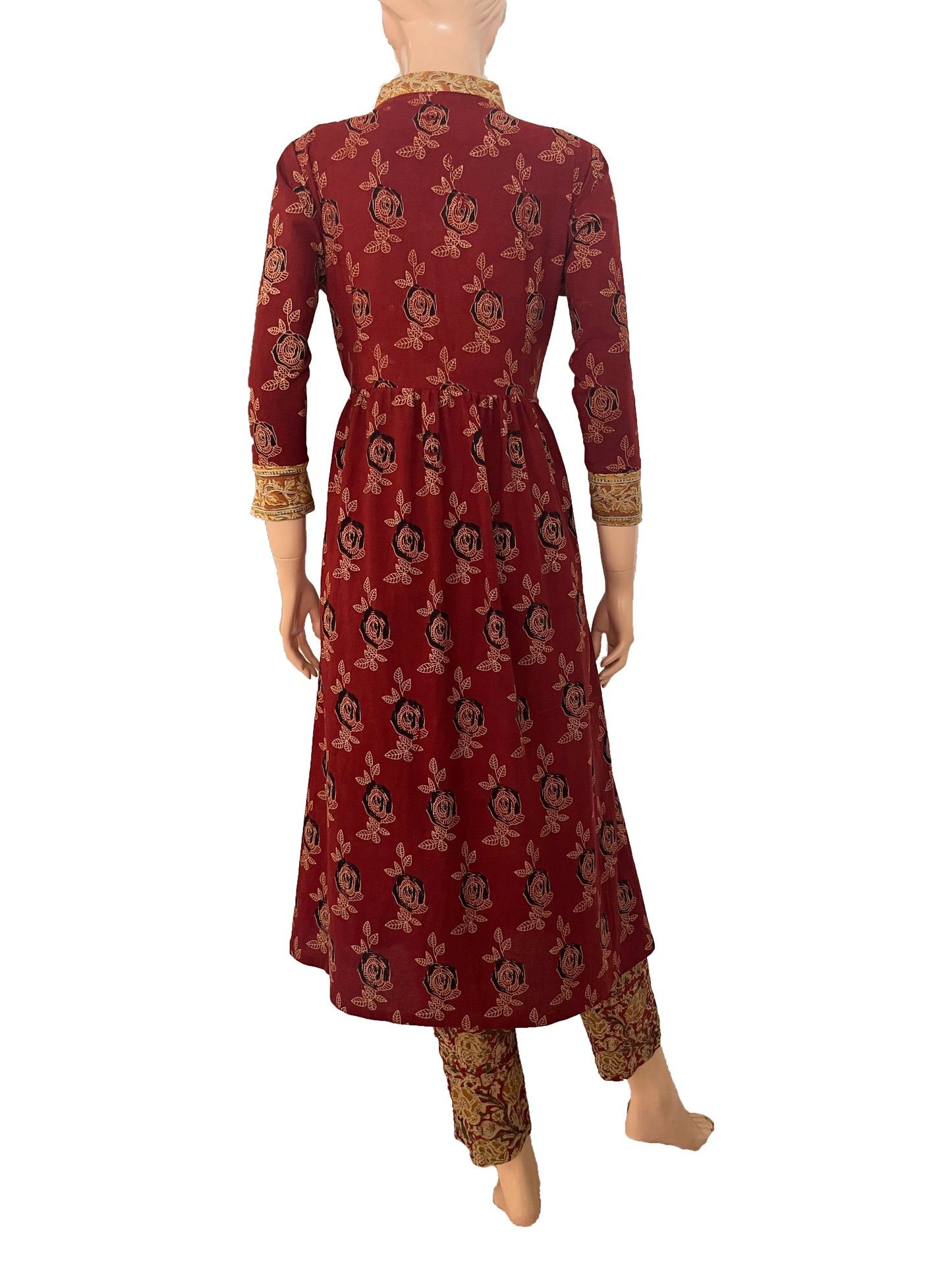 Ajrakh Cotton Collar neck Gathered Kurta with 3/4 sleeves , Maroon, KA1022