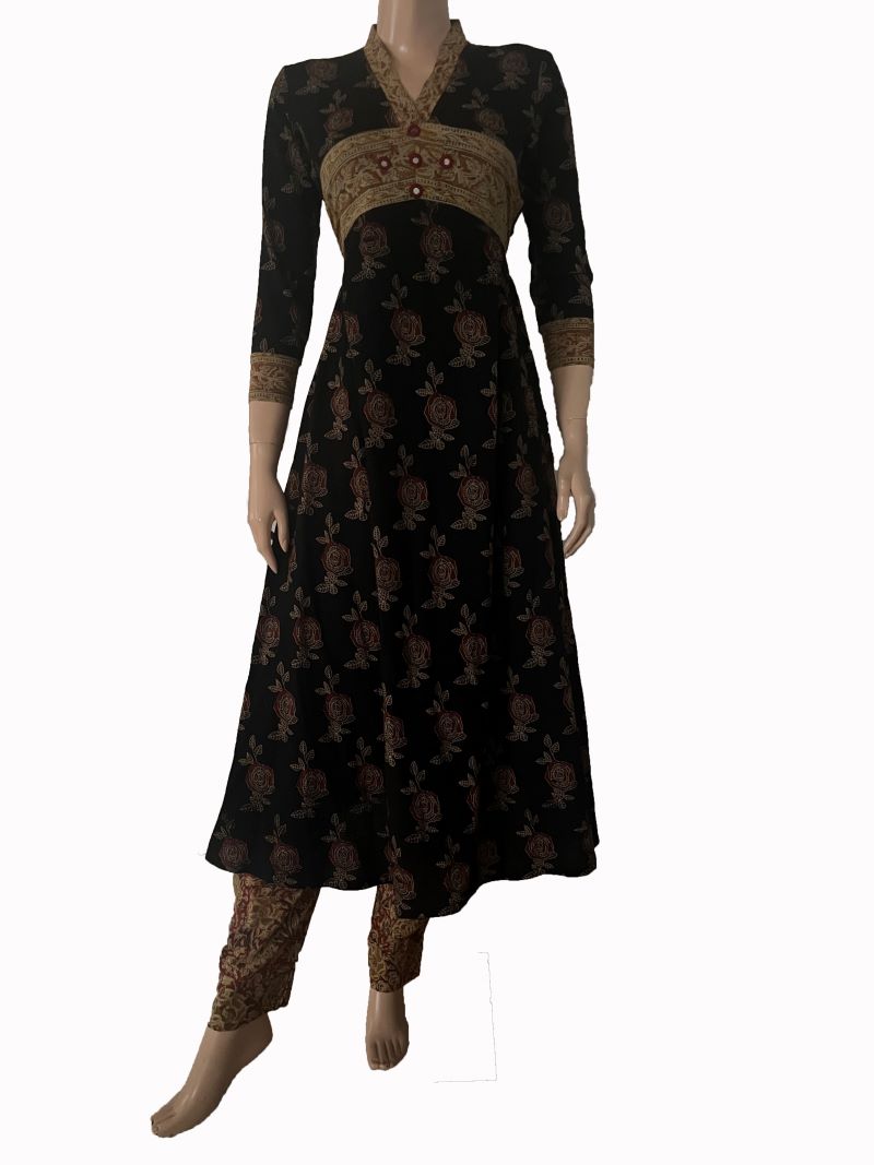 Ajrakh Cotton Collar neck Gathered Kurta with 3/4 Sleeves , Black, KA1023