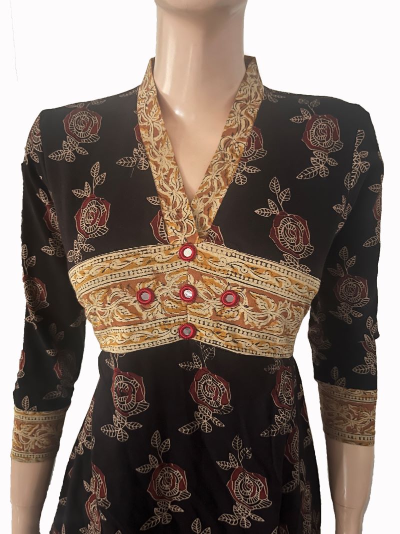 Ajrakh Cotton Collar neck Gathered Kurta with 3/4 Sleeves , Black,  KA1023 Ajrakh Cotton Collar neck Gathered Kurta with 3/4 Sleeves , Black,  KA1023