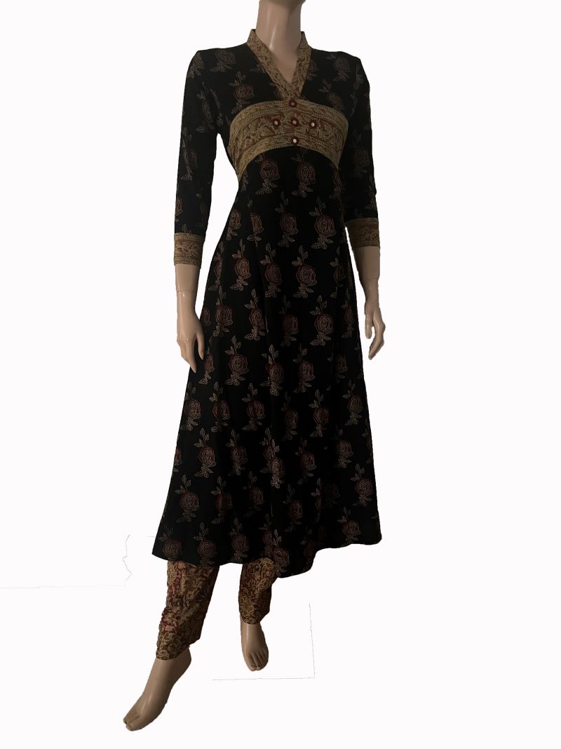 Ajrakh Cotton Collar neck Gathered Kurta with 3/4 Sleeves , Black, KA1023
