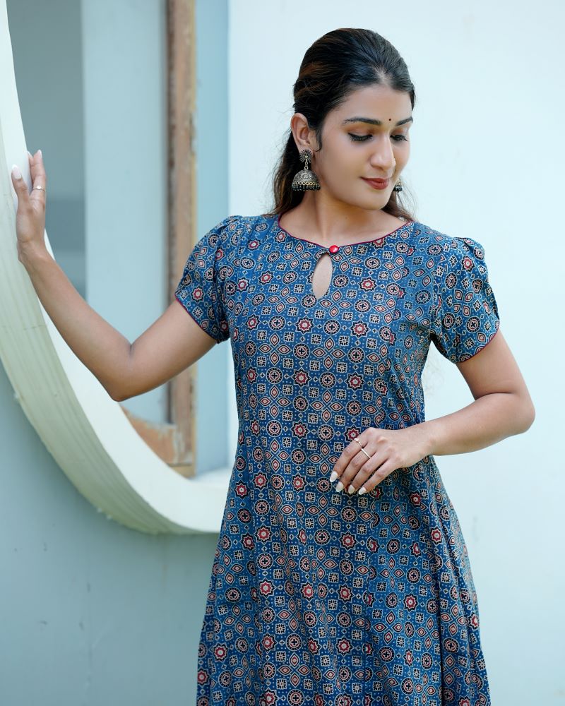 Ajrakh Cotton Boat neck Paneled Kurta with Puff Sleeves , Indigo Blue , KA1024 Ajrakh Cotton Boat neck Paneled Kurta with Puff Sleeves , Indigo Blue , KA1024