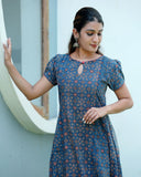 Ajrakh Cotton Boat neck Paneled Kurta with Puff Sleeves , Indigo Blue , KA1024 Ajrakh Cotton Boat neck Paneled Kurta with Puff Sleeves , Indigo Blue , KA1024